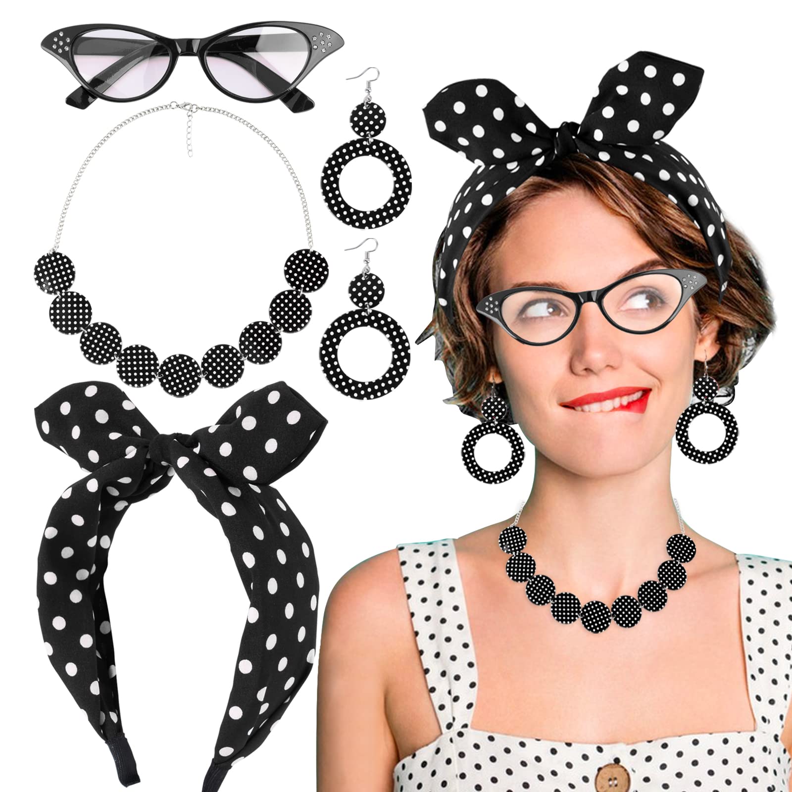 Kit Accessoires Déguisement Années 50 Pour Femme - Bandeau Pois, Collier, Lunettes, Boucles D'oreilles