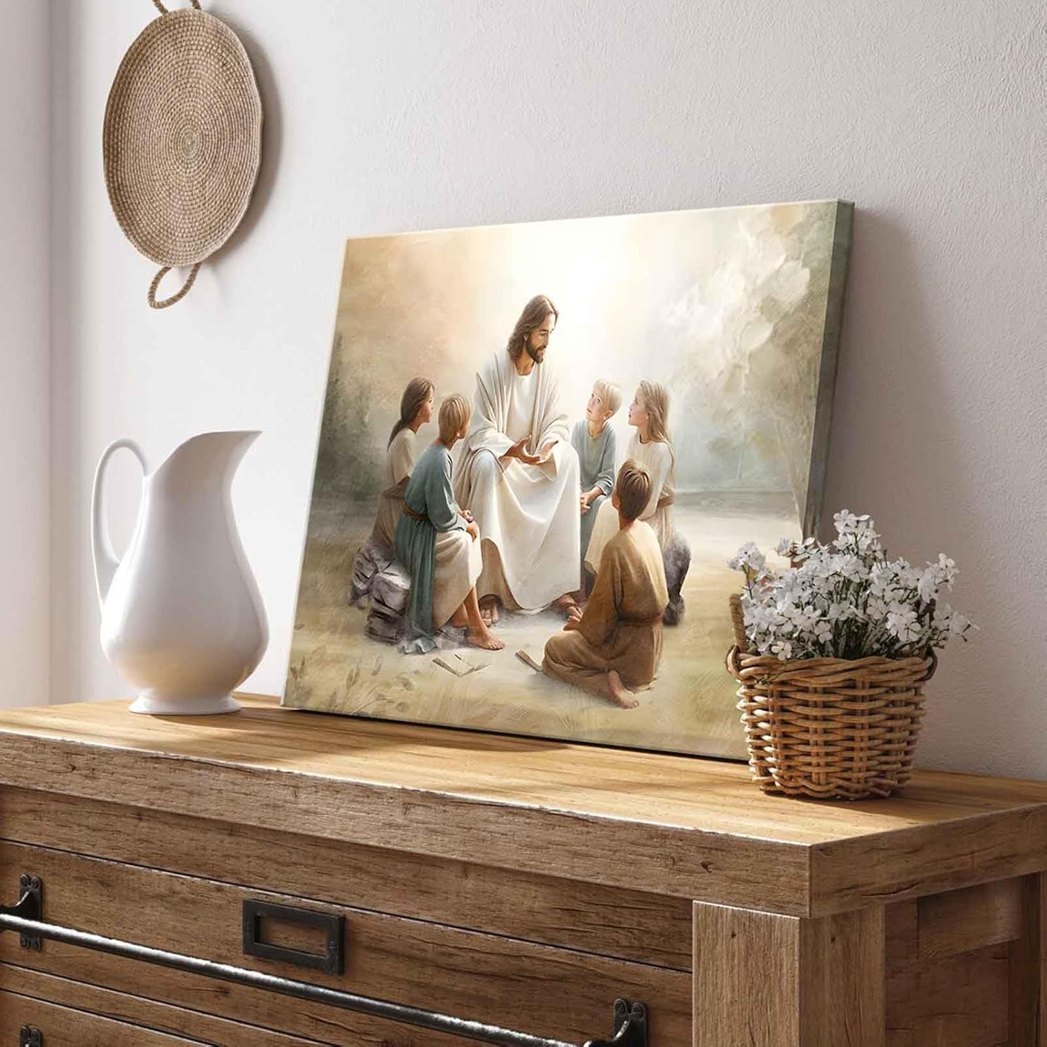 SUAXTCCR Jesus With Children Canvas Wall Art Jesus Teaching Children Watercolor Prints Religious Faith Wall Decor Pictures for Kids Room Bedroom Church Decorations, 16x24in