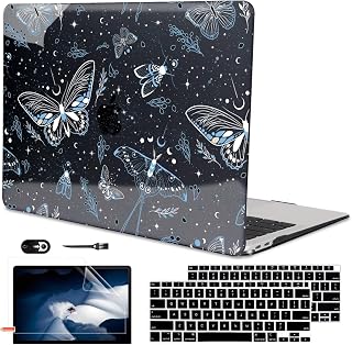 for MacBook Air 13 inch Case 2021 2020 2019 2018 Release M1 A2337 A2179 A1932, Glitter Black Pritned Pattern Hard Case Cover for Mac Air 13 M1 Retina Display with Touch ID, Butterfly Sky