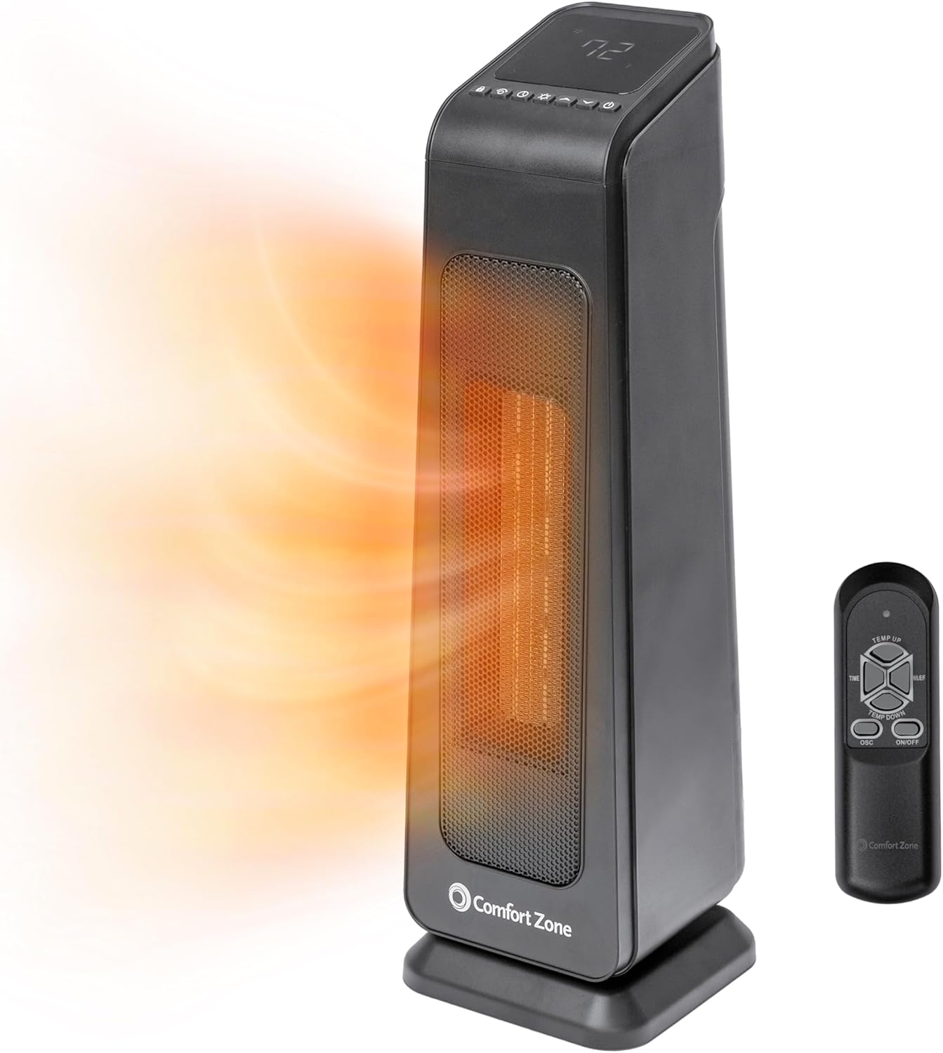 Comfort Zone 23" Space Heater for Indoor Use, 1500W Portable Room Heater with Remote Control, Thermostat, 12H Timer, 4 Heat Modes, 50° Oscillation, Safety Overheat Protection for Bedroom or Office