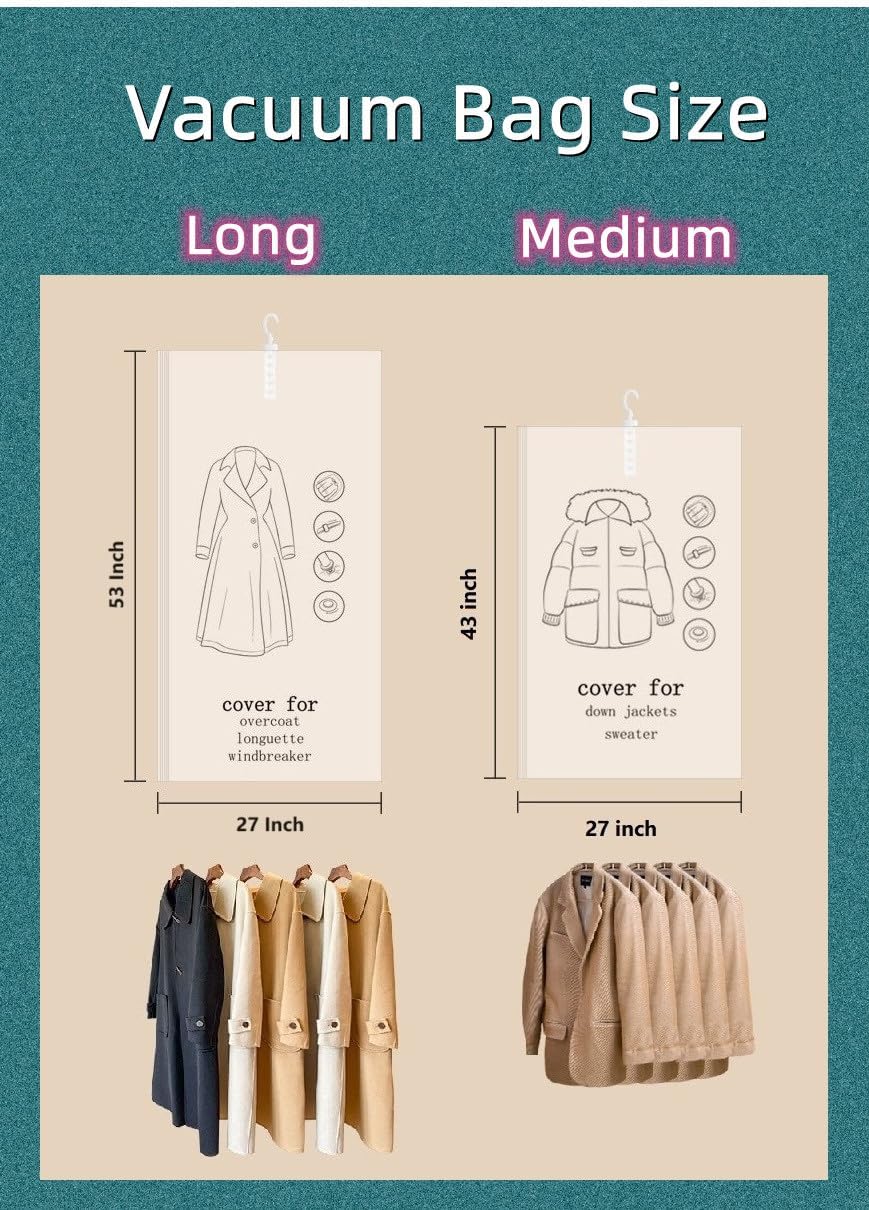 Hanging Vacuum Space Saver Bags 6 Pack, Closet Organizer Storage Bags, Vacuum Seal Clear Bags for Clothes, Suits, Dress or Jackets