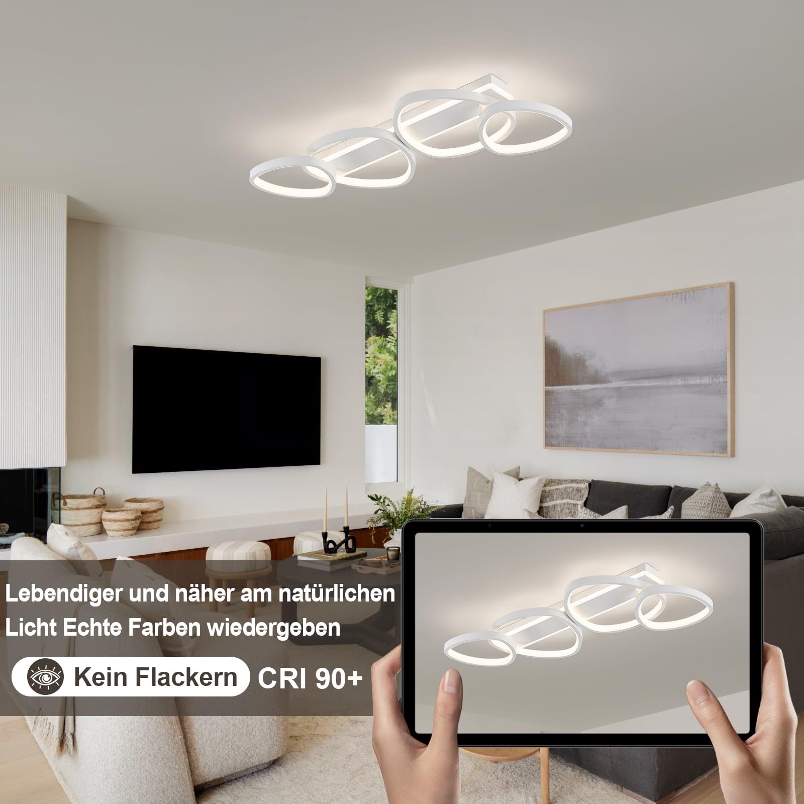 Qamra Lampara Techo Moderna 4 Anillos,Plafon LED Techo Blanca,82 cm,4000 K | Lámpara de techo de 60 W, Fabricada Principalmente con Aluminio, Hierro y Silicona,Adecuado para Bano,Cocina,Comedor
