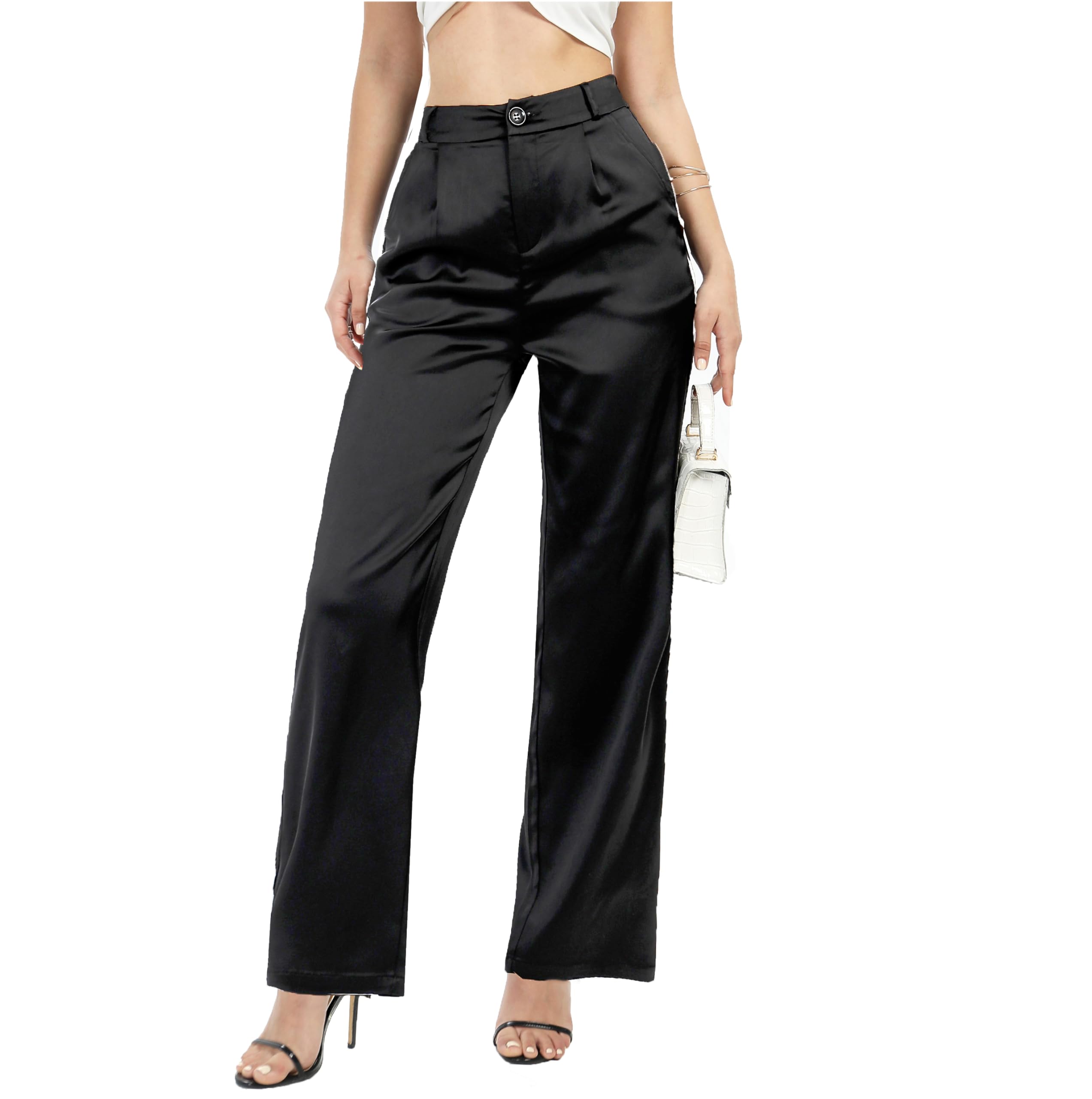 Fakanhui Pantalon large en satin pour femme - Pour le travail, les fêtes, les mariages