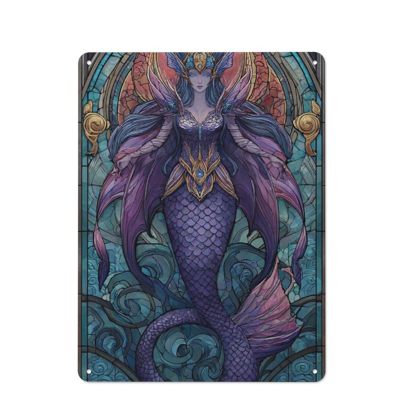 Stained Glass Mermaid Majesty Vintage-inspired Tin Sign 40x30cm for Café Or Restaurant, for Cooler-month Interiors with Vintage Character