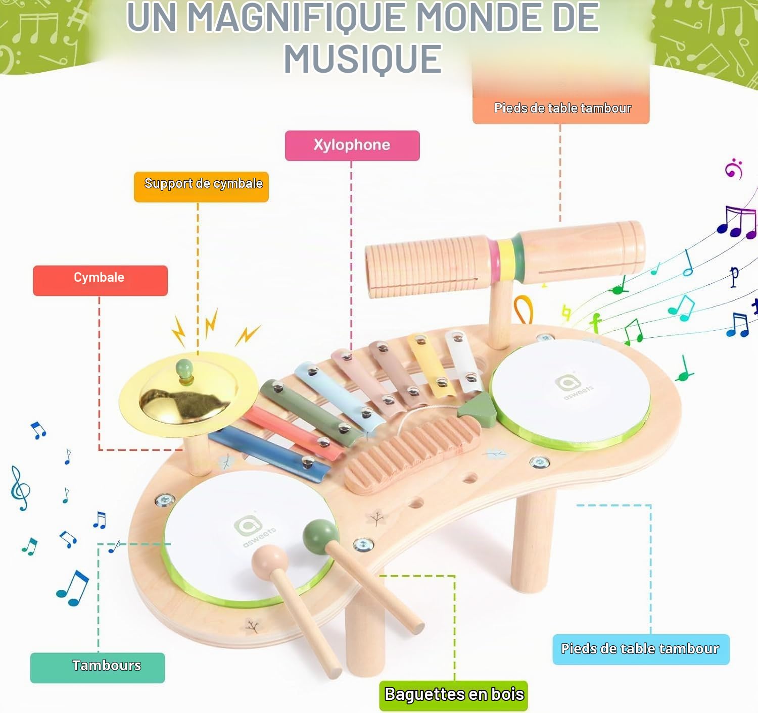 Asweets 7 en 1 Ensemble de Batterie pour Tout-Petits, Bois Instrument de Musique pour Bébés, Jouet Musical Montessori, Cadeau pour Filles et Garçons de 3 Ans Et Plus