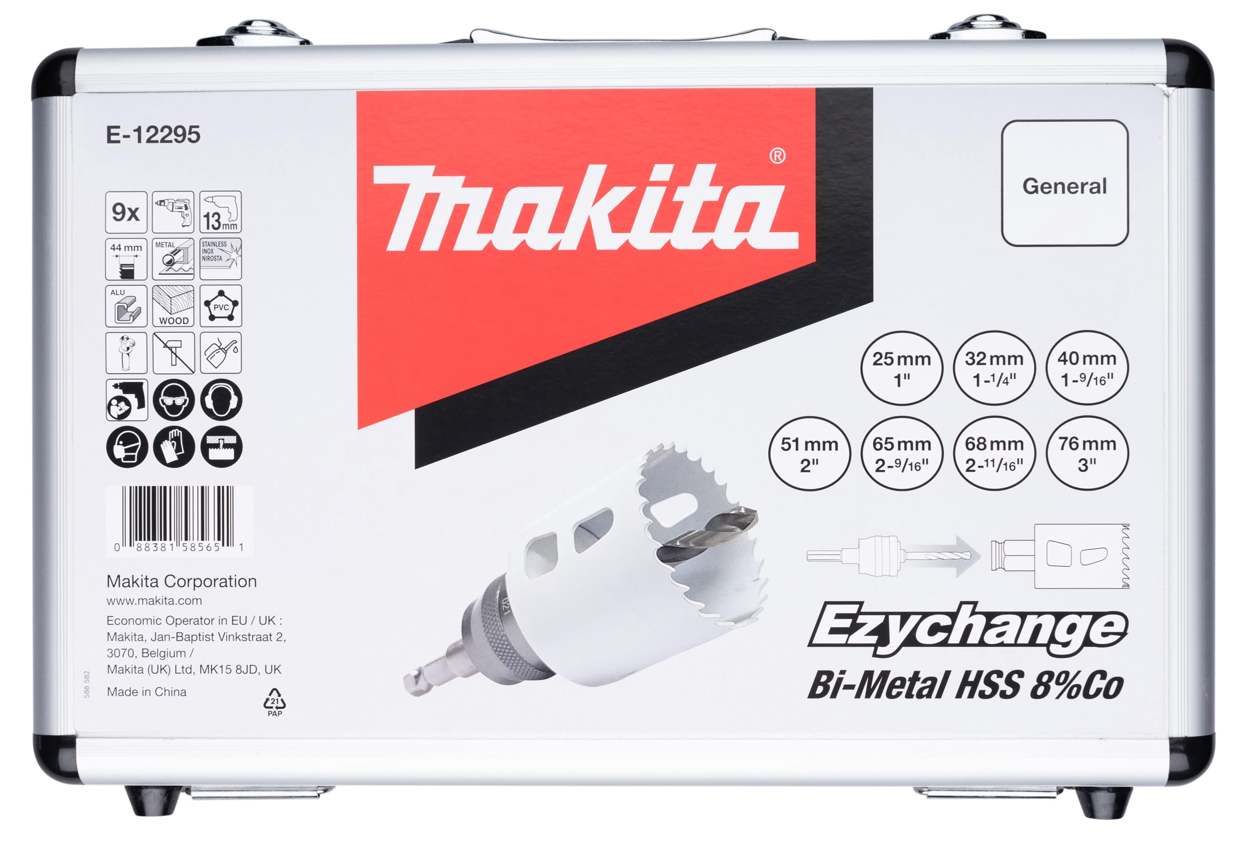 Makita E-12295 - Set di 9 seghe a tazza universale (EZYCHANGE sistema di sgancio rapido Ø 25-76 mm, con valigetta per il trasporto, adattatore con attacco a 6 punte, con punta di centraggio)