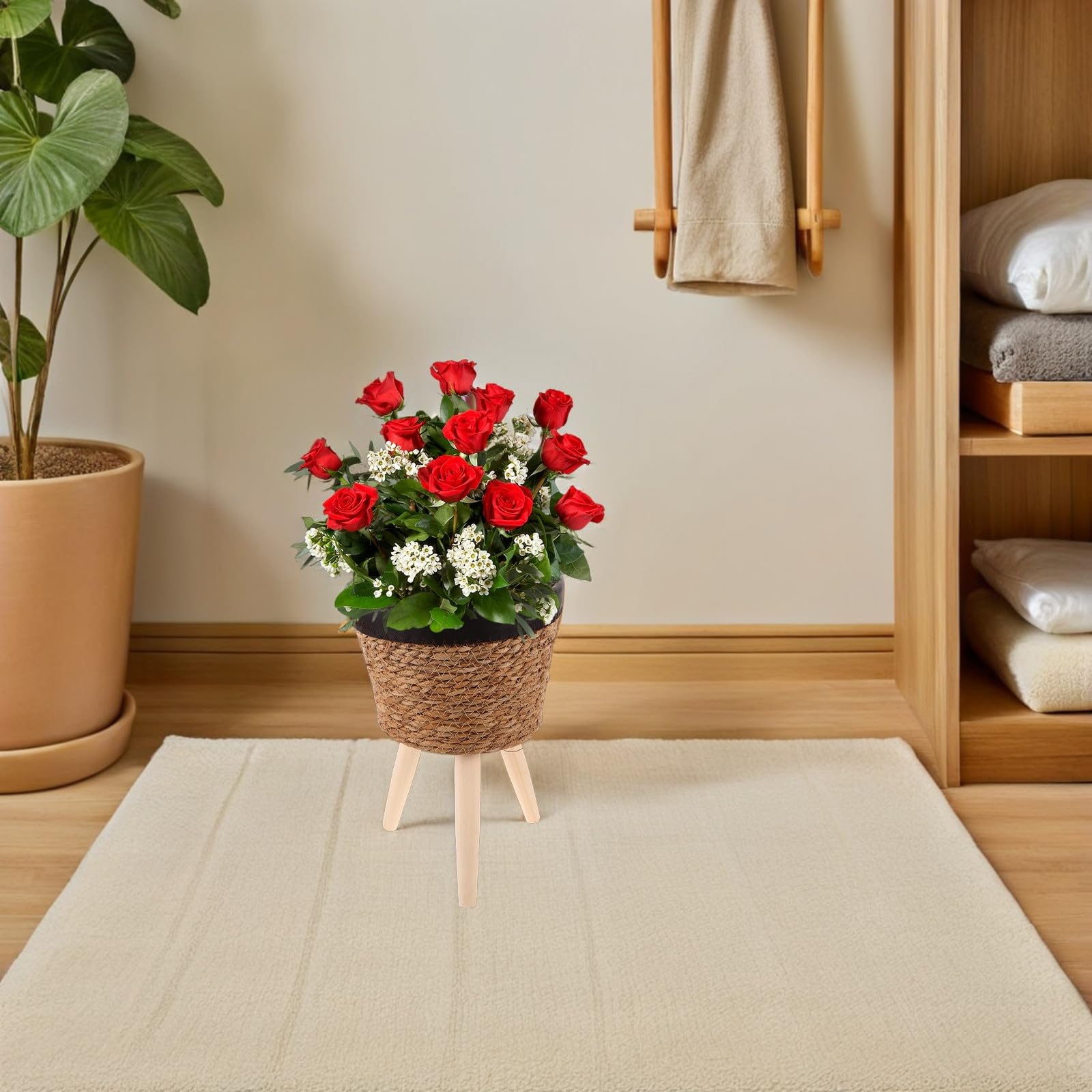 Levemolo Macetero Tejido con Pata de Madera - Macetero Bohemio - Cesta Decorativa de Flores de Algas Marinas con trípode - Expositor de Mimbre Grande