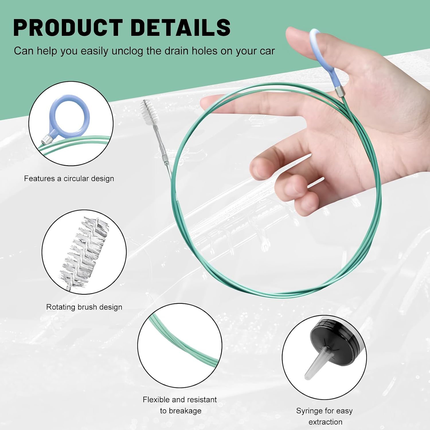 3 PCS Auto Sunroof Drain Cleaning Tool, 118 inches Flexible Auto Wire Cleaning Brush with Syringe Hose, Slim Drain Dredging Tool for Car Sunroof Trunk Wiper Hole, Car Accessories