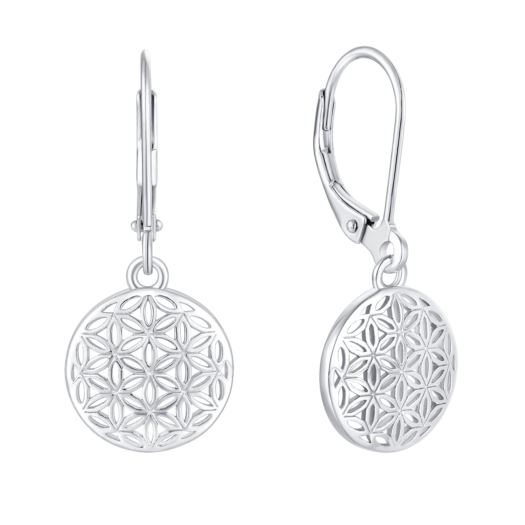 JO WISDOM Mujer Pendientes Flor de la vida Plata de ley 925 Joyería con baño de Oro Blanco