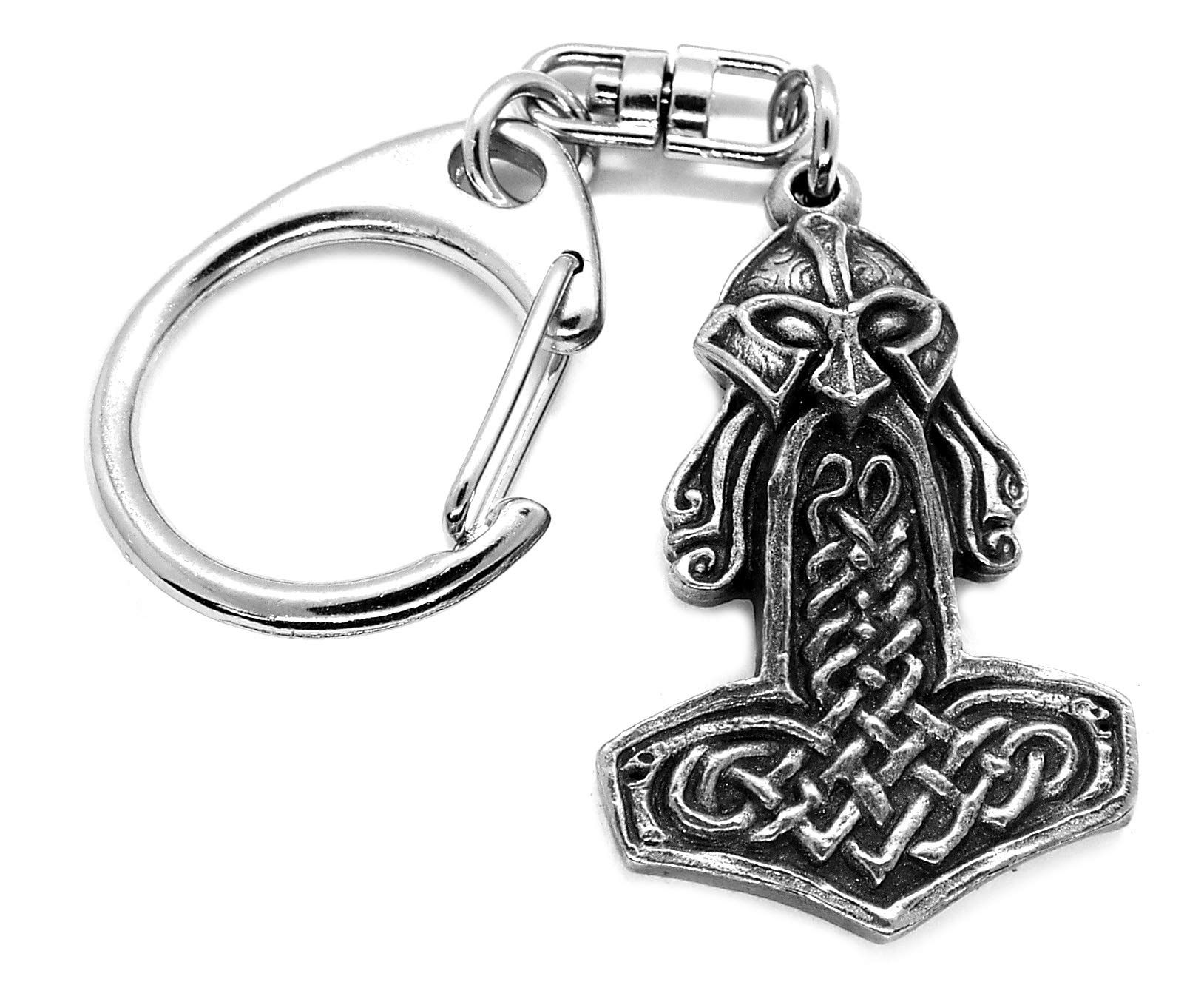 Pagan Keyrings Silver Pewter Helmet Head Thors Hammer Pushgate Keyring In A Grey Burlap Gift Pouch.