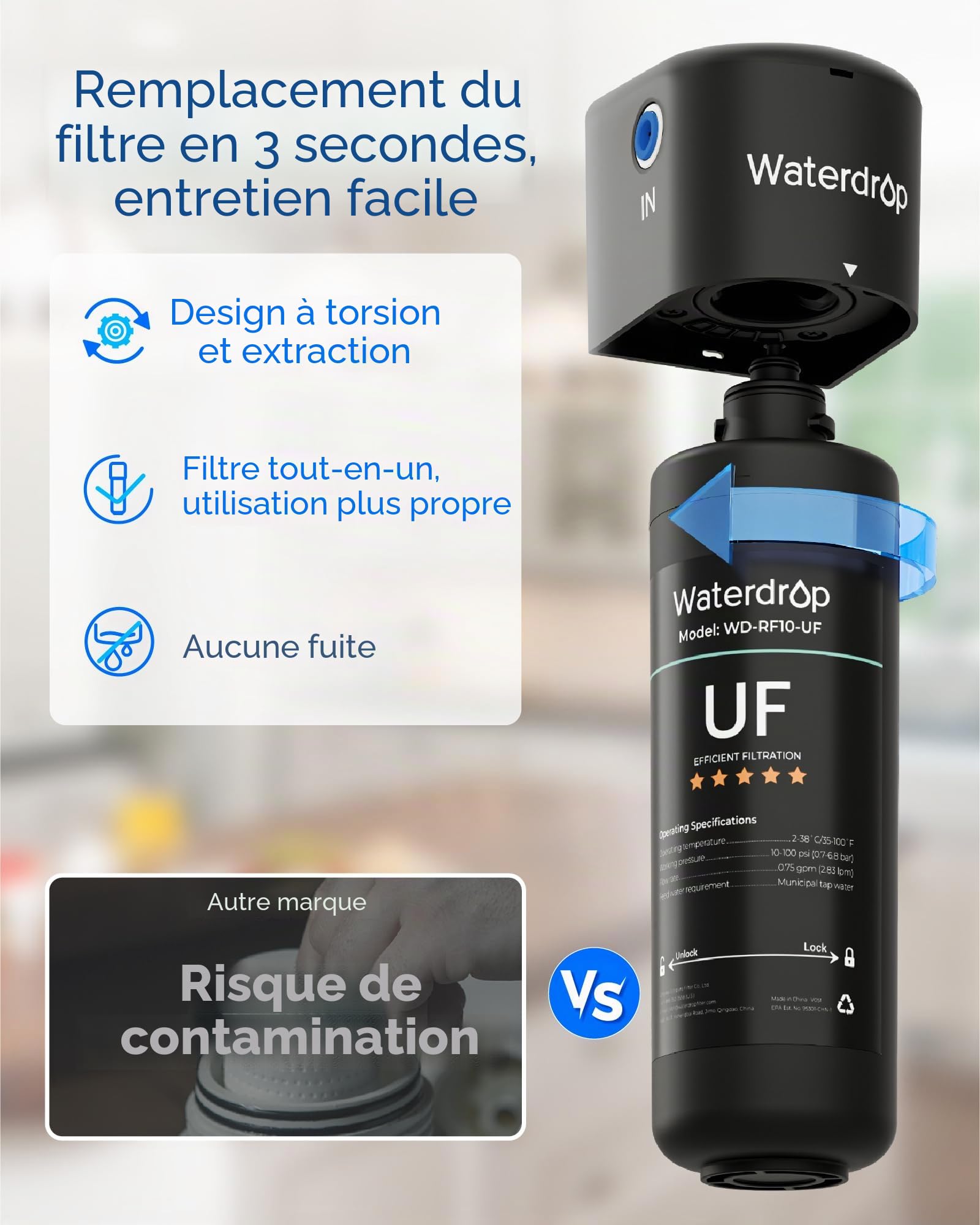 Waterdrop 10UA-UF Filtre à Eau 0.01 μm Sous Évier, Élimine le Plomb, le Chlore, les Odeurs et les Impuretés, Capacité du Filtre 41600 Litres, Connexion Directe au Robinet de Cuisine