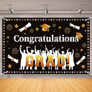 Congratulations Grad Backdrop Banner Graduation Background 6x4ft Black Gold High School College Graduation Party Photography Background Decorations