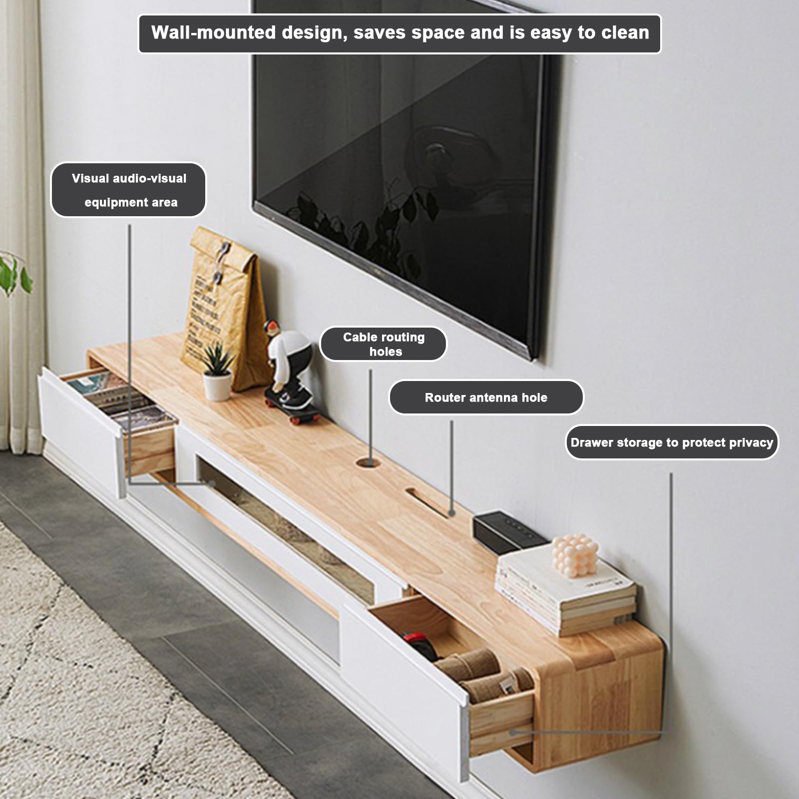Meuble TV Suspendu Moderne Bois Massif 120-200cm Flottan Console multimédia de Divertissement Murale Étagères TV Murales 2 tiroirs pour Salon et Bureau (A, 140CM)
