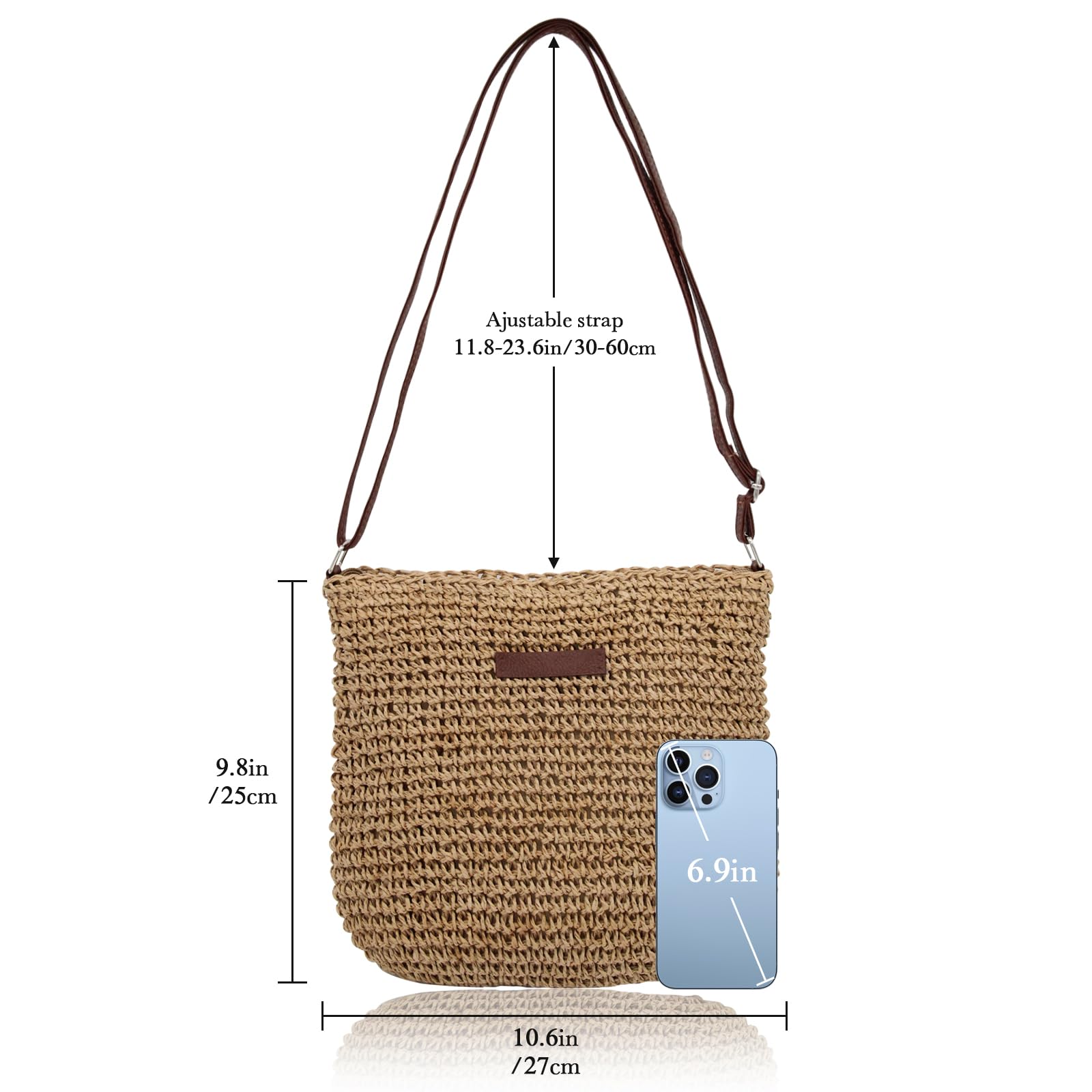 Petit sac de paille pour femme, sac à bandoulière d'été avec fermeture éclair et sangle réglable, tissage bohème fait à la main pour les vacances, la plage, les voyages