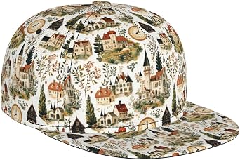 Flat Bill Trucker Hats for Women Men - Comfy Adjustable Retro Village Print Flat Baseball Cap Snapback Cap Dad Hats for Men Black