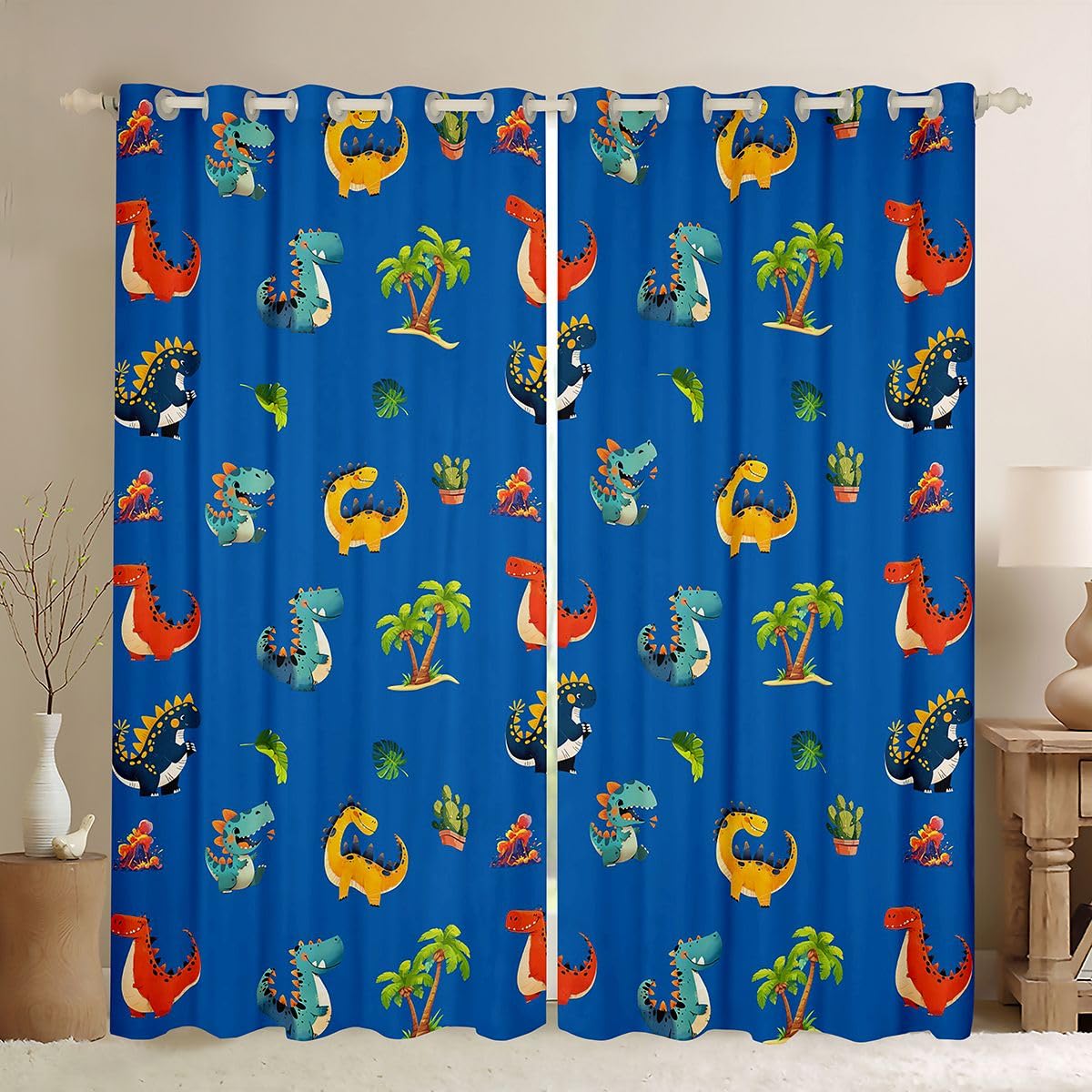 Homewish Zasłony okienne z dinozaurami, 132 x 160 cm, 2 zestawy paneli – kreskówkowy dinozaur, zasłony zaciemniające, kolorowe, niebieskie, czerwone, zasłony okienne, starożytna dżungla, zwierzęta do