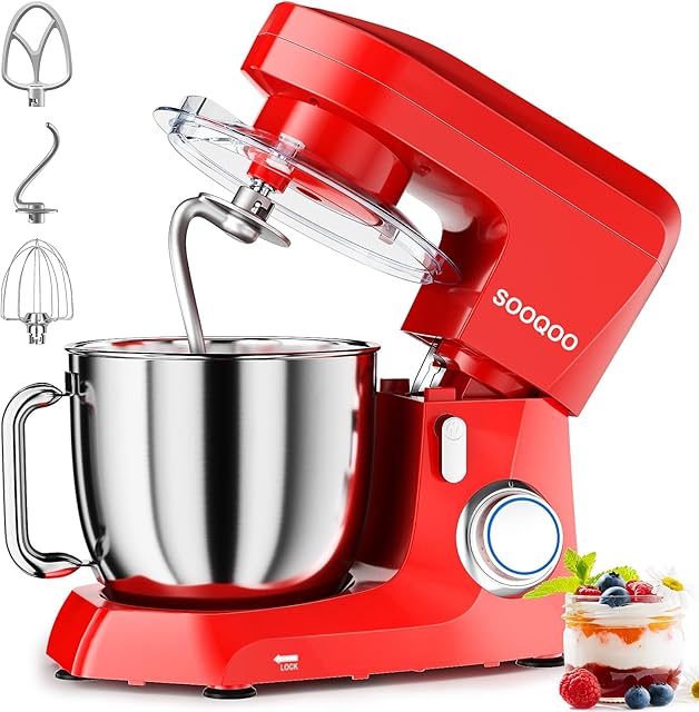 SOOQOO Stand Mixer, 4.5L 500W 10+P Speed Tilt-Head Electric Kitchen Mixer, Food Mixer with Dough Hook, Whisk, Beater, Splash Shield for Baking, Cake, Cookie, Pizza, Muffin, Salad (Red)