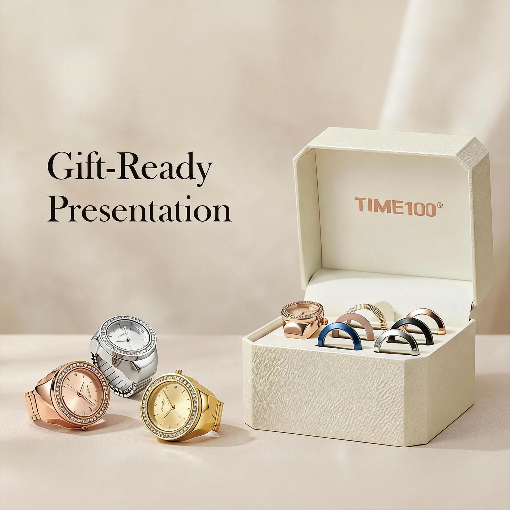TIME100 Damen Uhren ringuhr Geschenkset,ringuhr Damen Quarz-Fingerringuhren für Frauen mit verstellbarem Stretchband, 7-farbige austauschbare Lünette, Quarz-DREI-Zeiger-Uhrwerk, Geschenkbox