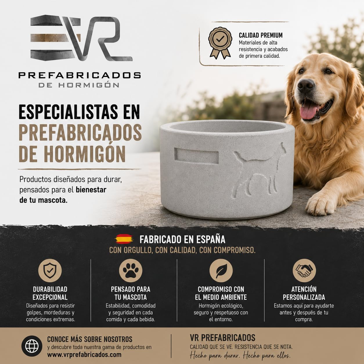 VR Prefabricados Comedero y Bebedero de Hormigón Antivuelco para Perros | Antimordeduras | Resistente para Exterior | Fabricado en España | Diseño Premium | Terminado a Mano.
