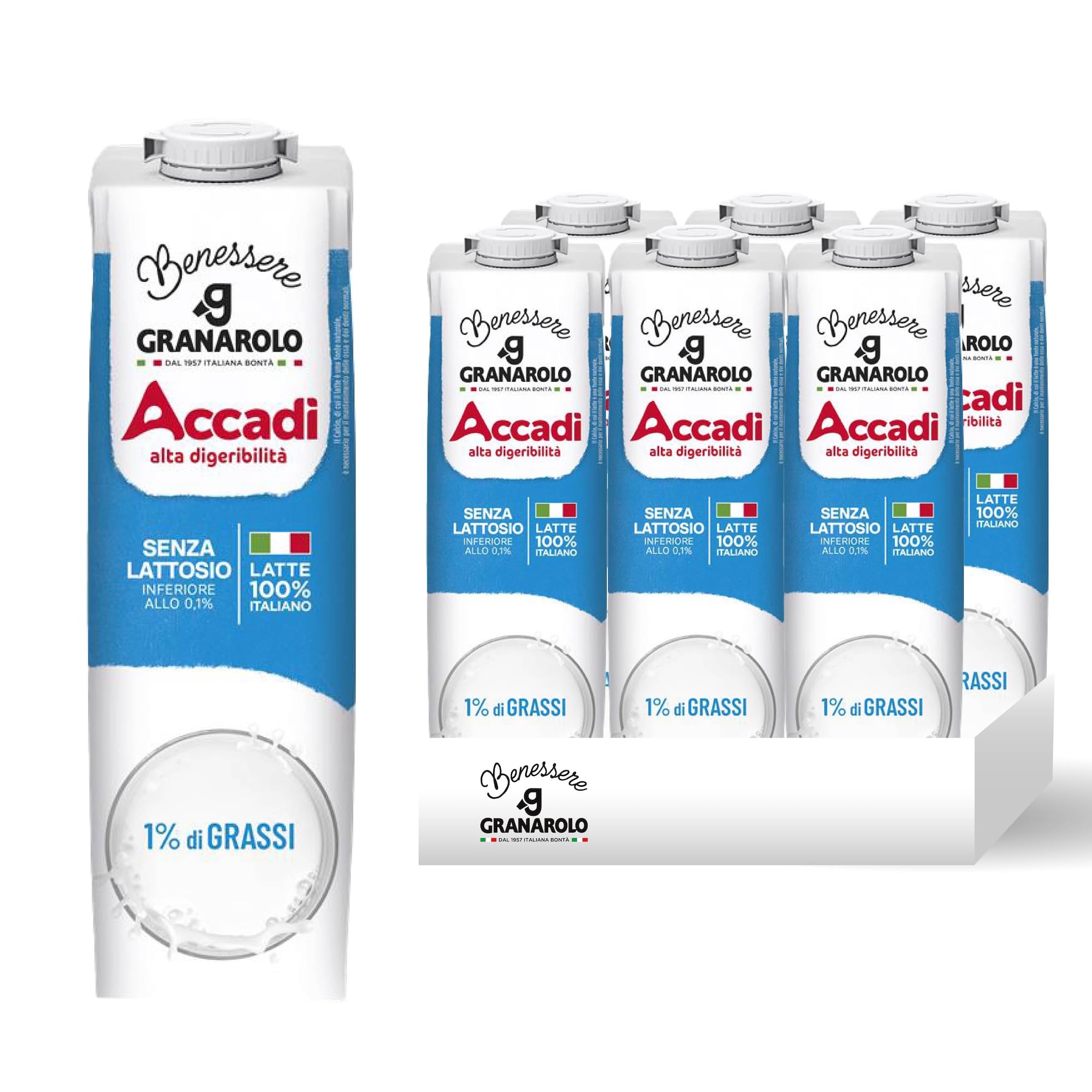 Granarolo, Accadì Lait UHT 1 L, 6 boîtes de Lait 100% Italien sans lactose avec seulement 1% de matière grasse, non pesant et Idéal à tout moment de la journée, riche en calcium