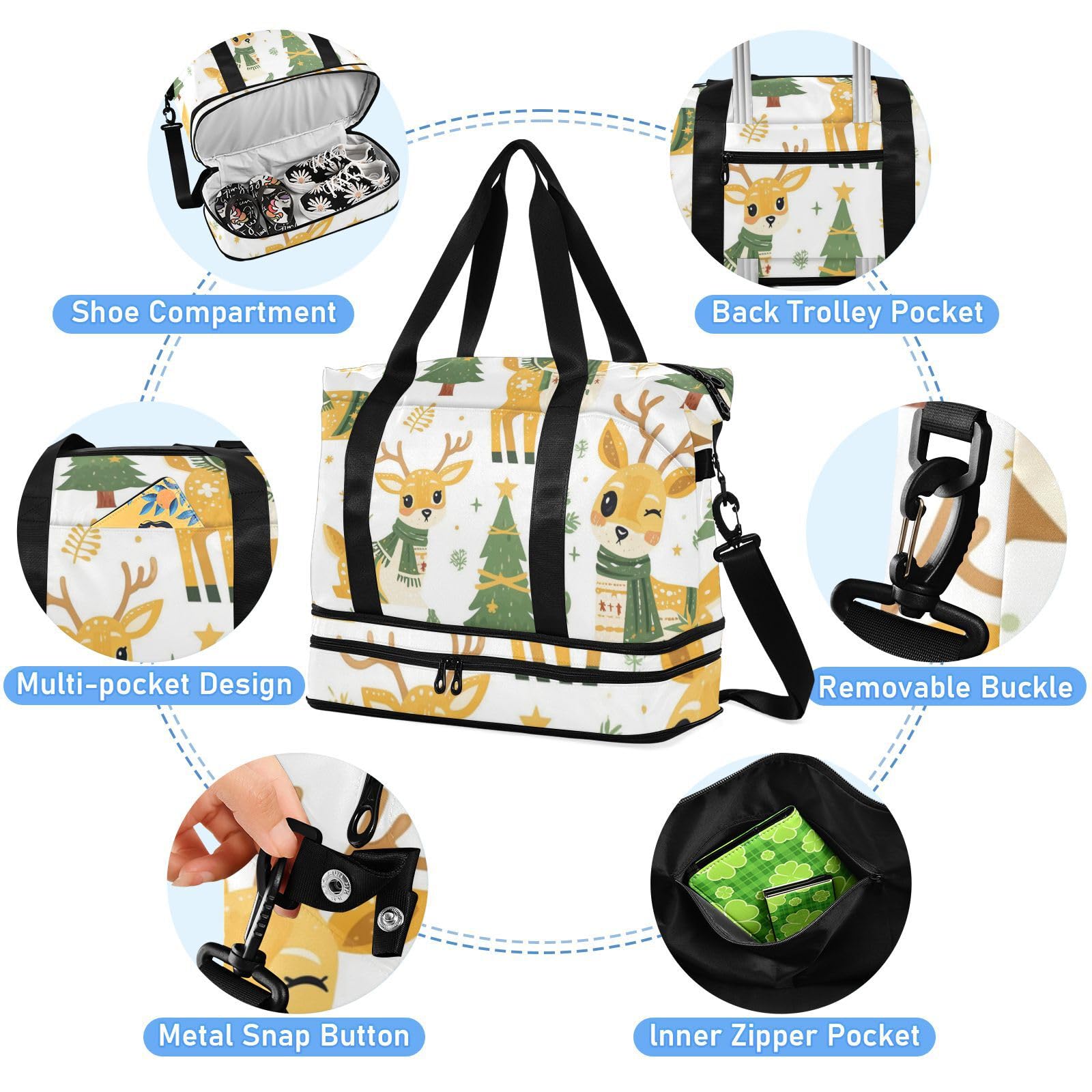 Deer Sac de voyage de nuit de style scandinave avec poche humide Sangle réglable Sac de sport pour voyage Multifonctionnel pour homme femme