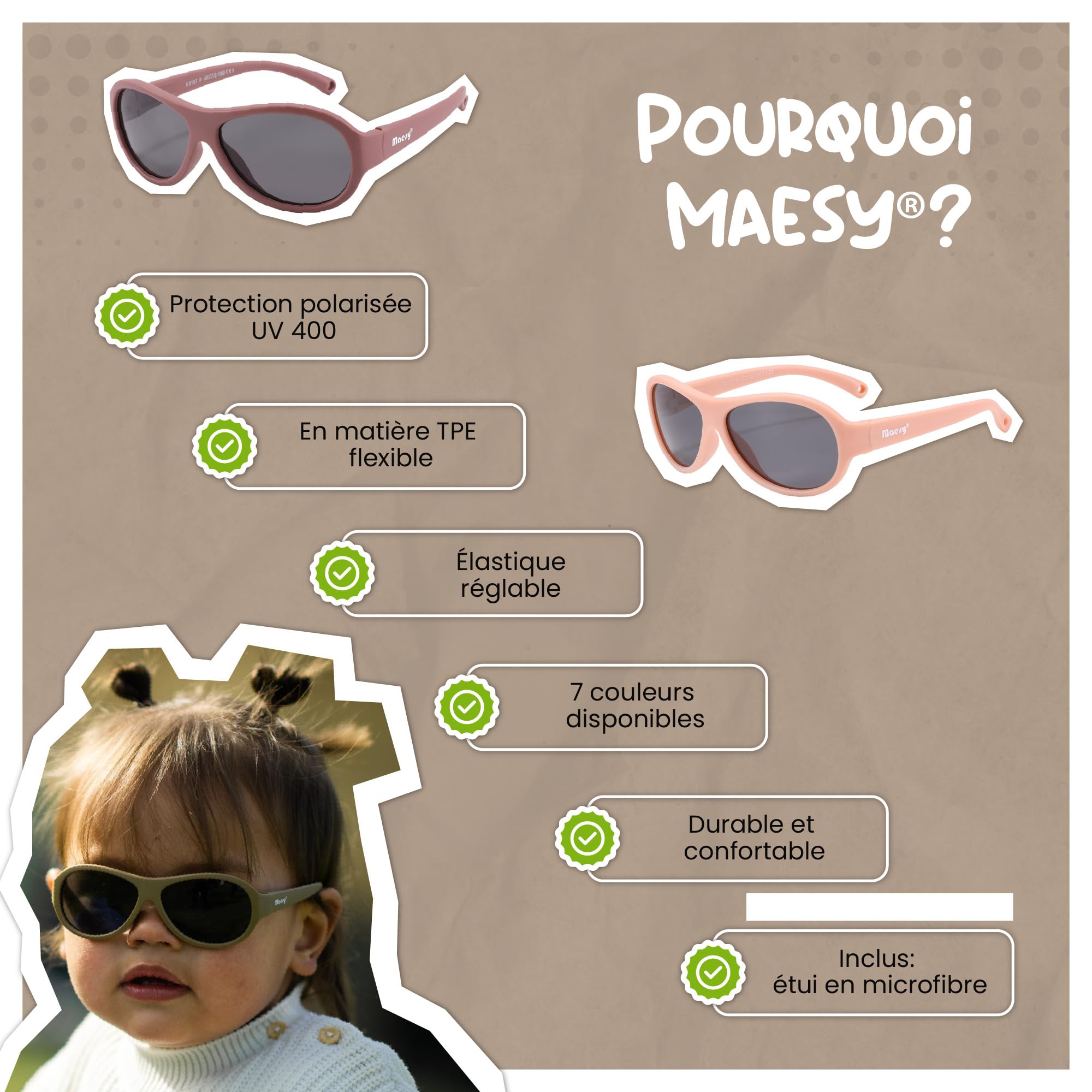 Lunettes de Soleil Bébé - 0-2 Ans - Protection UV400 Polarisée - Cadre Flexible et Pliable - Bande Élastique Réglable - Lunettes de Soleil Sûres et Confortables - Pour Enfant – Joya