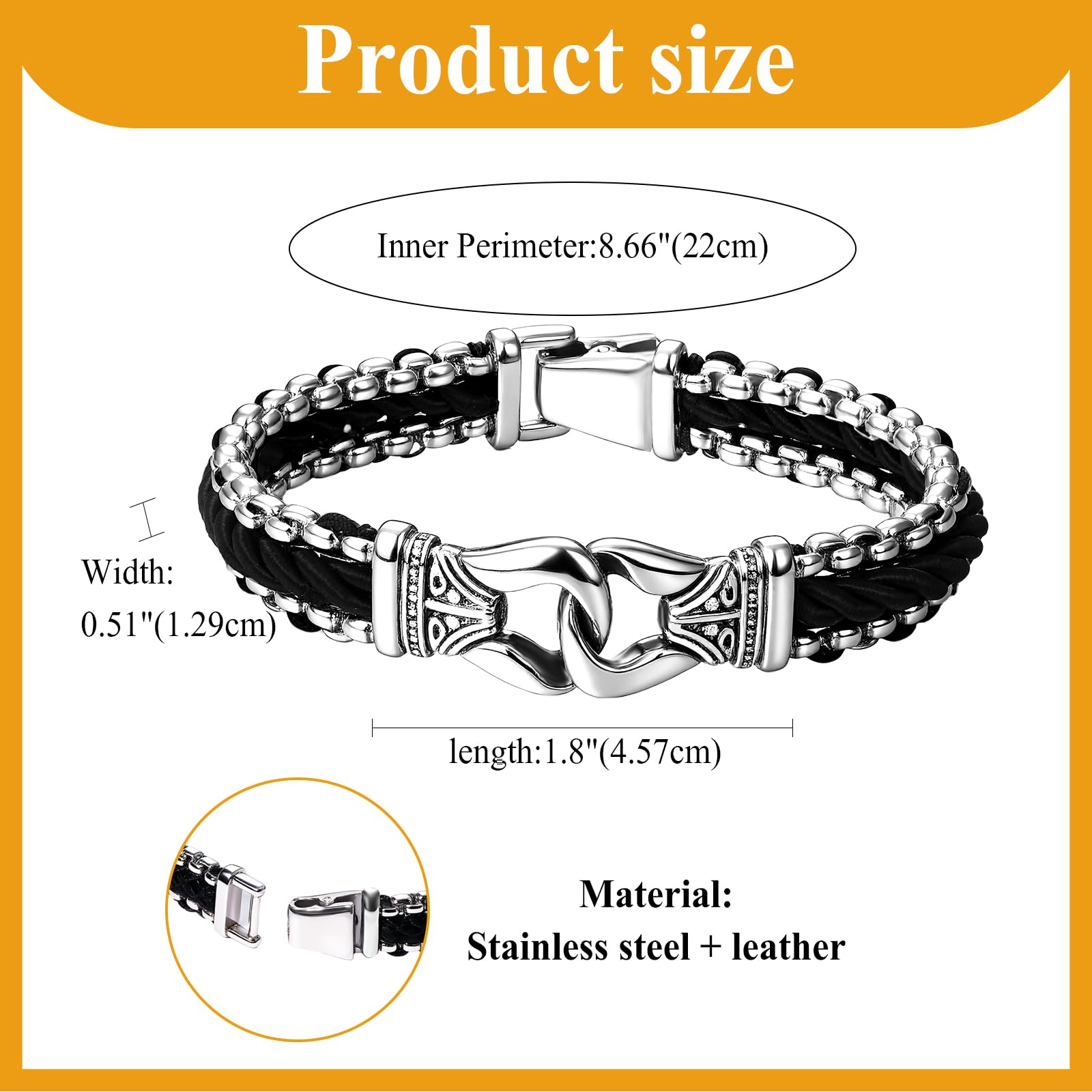 Cupimatch - Pulsera para hombre, piel trenzada, pesada, 316L, acero inoxidable, pulido masculino, clásico, punk plateado, con tarjeta, regalo de cumpleaños, día del padre, Cuero