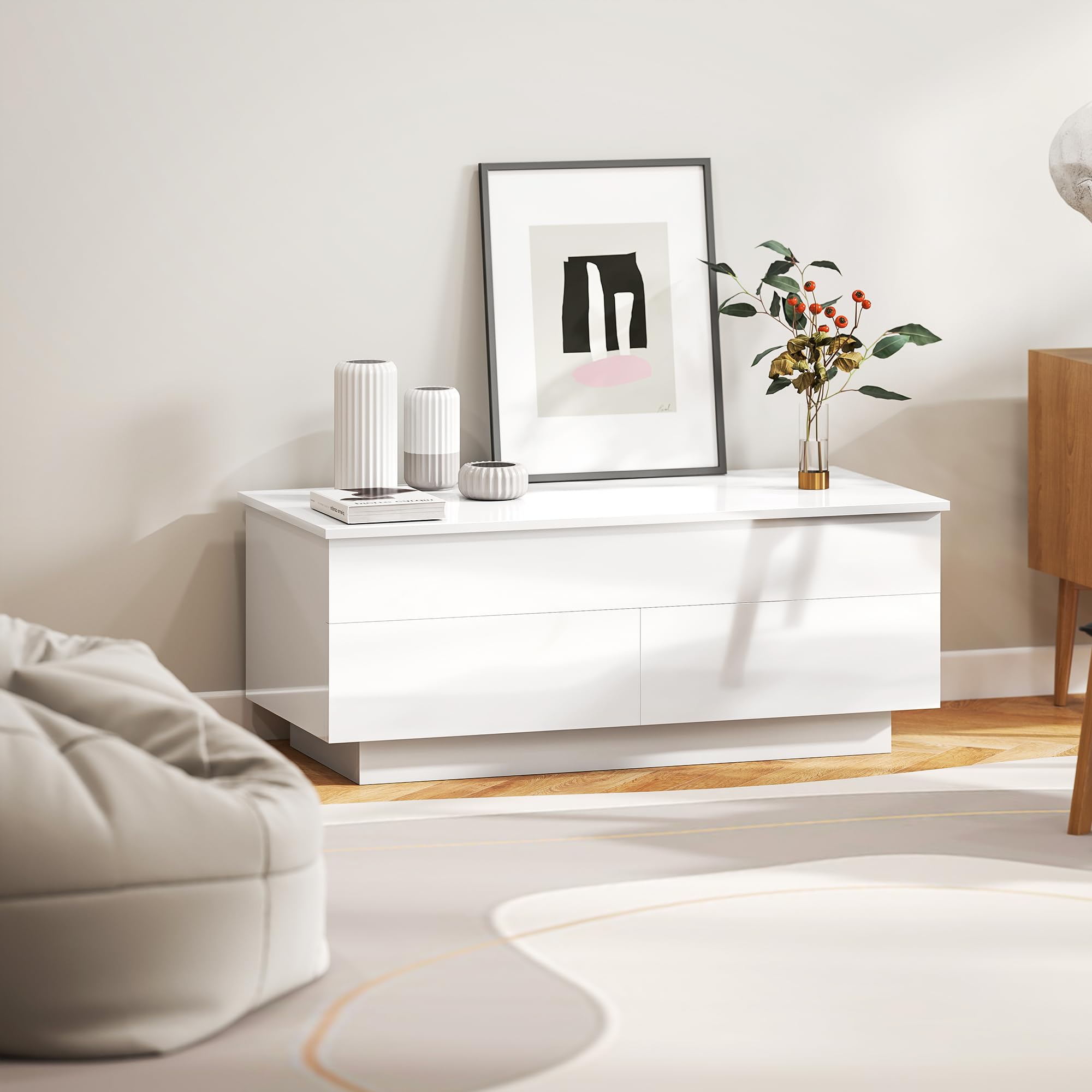 Table Basse HOMCOM réglable en Hauteur, Table de Salon avec Plateau relevable, 2 tiroirs et Espace de Rangement caché, Table Basse pour Salon, Blanc Brillant
