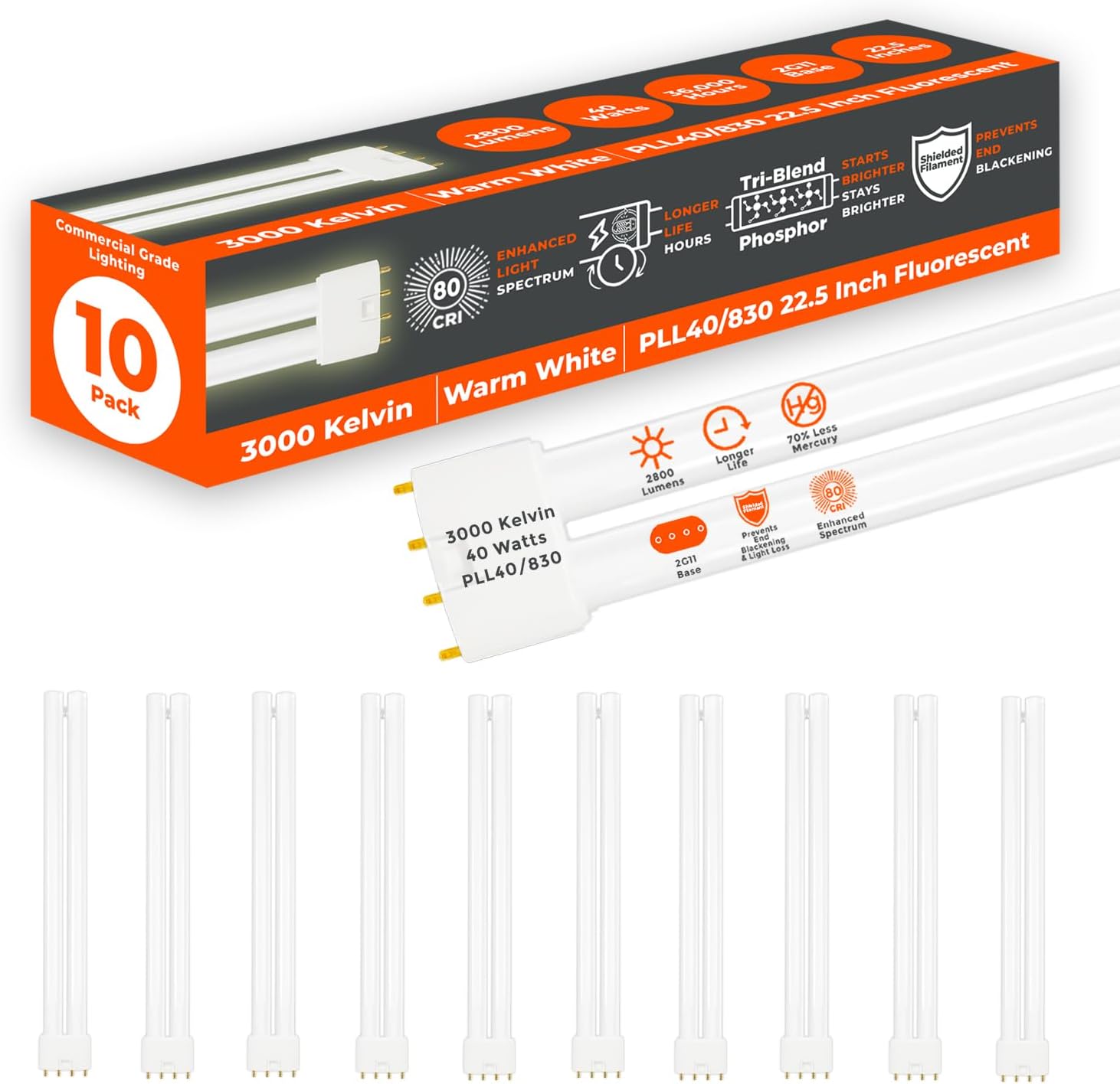 GoodBulb PLL40/830 40W 22.5" Twin Tube Compact Fluorescent Light Bulb 4-pin 2G11 Base 3000K Soft White 2800 Lumen 36000 Hour Long Life Biax Pack of 10