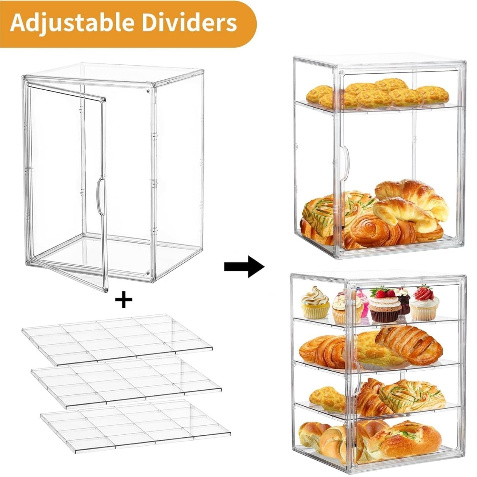 Generico Portapane in Acrilico Trasparente, da 3 o 4 Ripiani con Sportello Magnetico, Contenitore per Pane e Espositore per Pasticceria, Ideale per Cucina, Dispensa e Bancone (4 Ripiani)