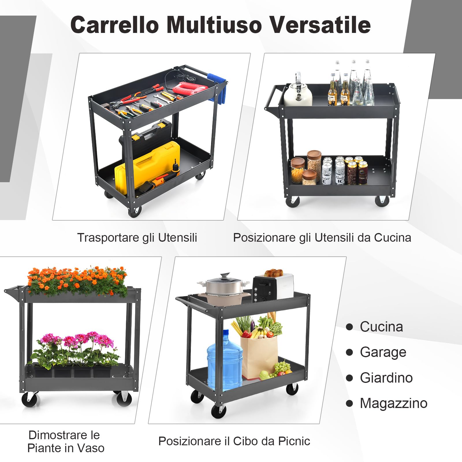 COSTWAY Carrello Porta Attrezzi in Metallo a 2 Livelli, Carrello Portautensili Multifunzione con Maniglia, Capacità di carico di 50 kg (Nero)