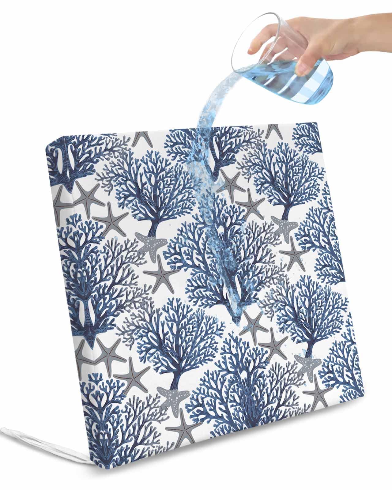 Navy Blue Coral Coastal Outdoor Cushion Chair Cover Set of 2 - Waterproof Couch Seat Covers, Summer Beach Starfish Nautical Patio Furniture Protector Cushions Slipcovers for Sofa/RV, 22