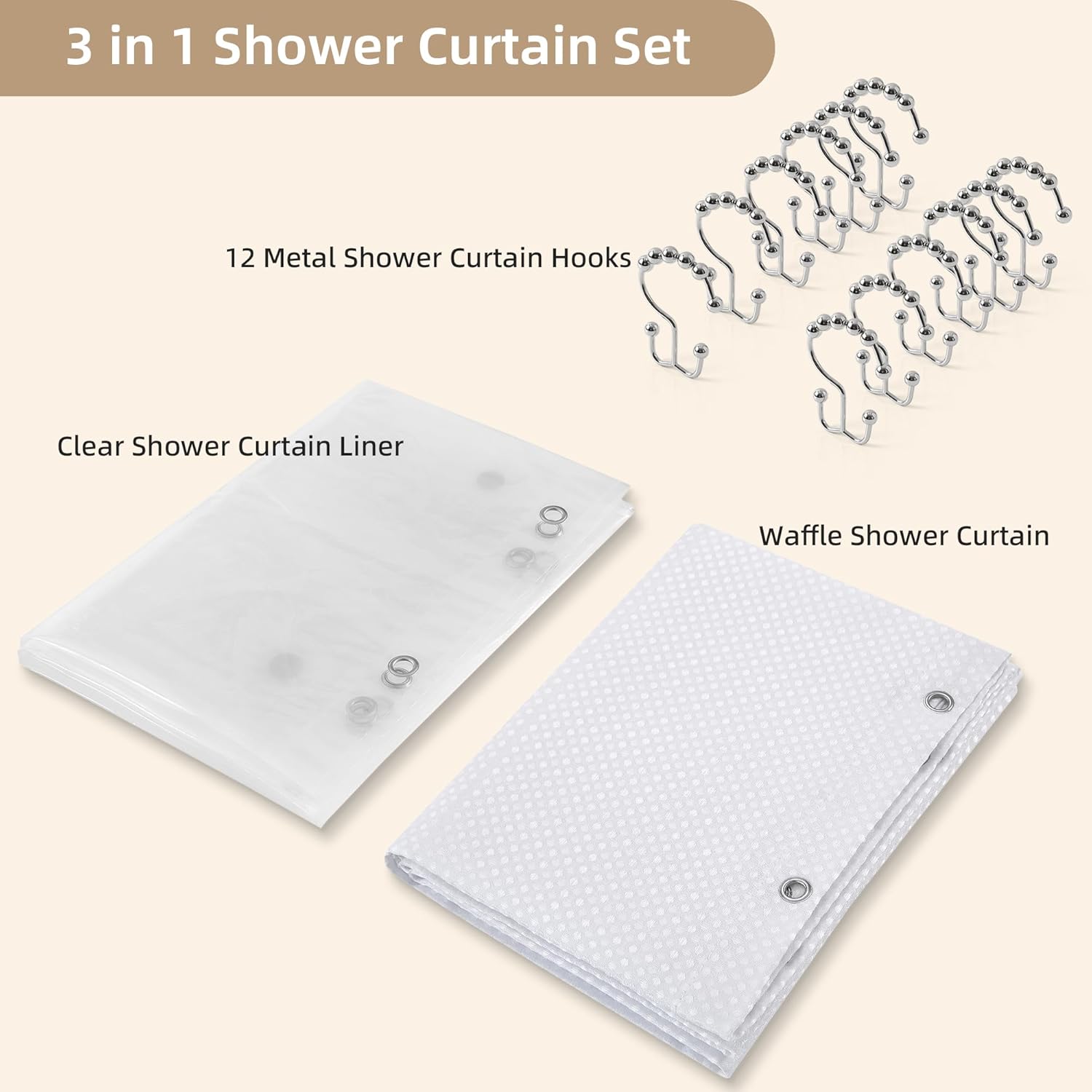 3 in 1 Shower Curtain Set, Waffle Shower Curtain and Liner Set with 12 Double Sided Shower Curtain Hooks, 72 x 84 Fabric Shower Curtains for Bathroom, White