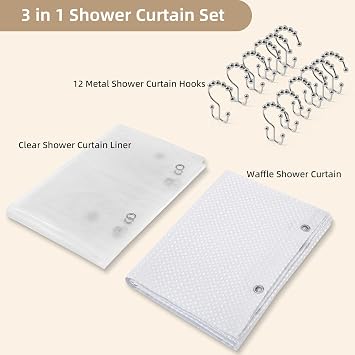 White Shower Curtain and Liner, 3 in 1 Waffle Shower Curtain Set with 12 Double Sided Shower Curtain Hooks, Fabric Shower Curtains for Bathroom 72 x 72