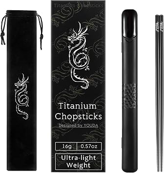 Youda 99.8% Pure TITANIUM Chopsticks 1 Pairs with Black Carrying Case Ultralight and Reusable Chopsticks for Camping, Home, Travel