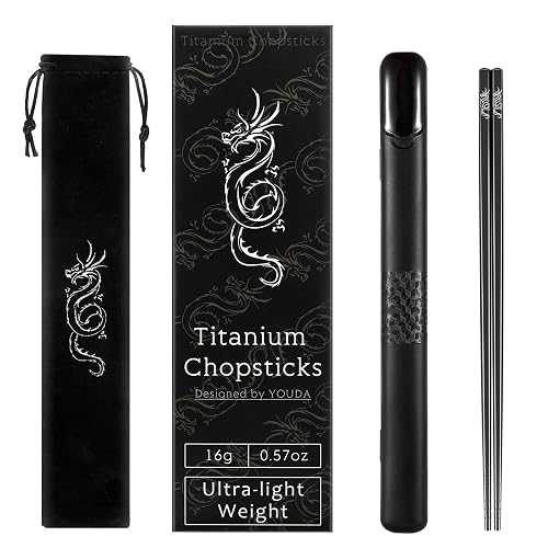 Youda 99.8% Pure Titanium Chopsticks 1 Pairs with Black Carrying Case Ultralight and Reusable Chopsticks for Camping, Home, Travel - 1 Pairs With Portable Case