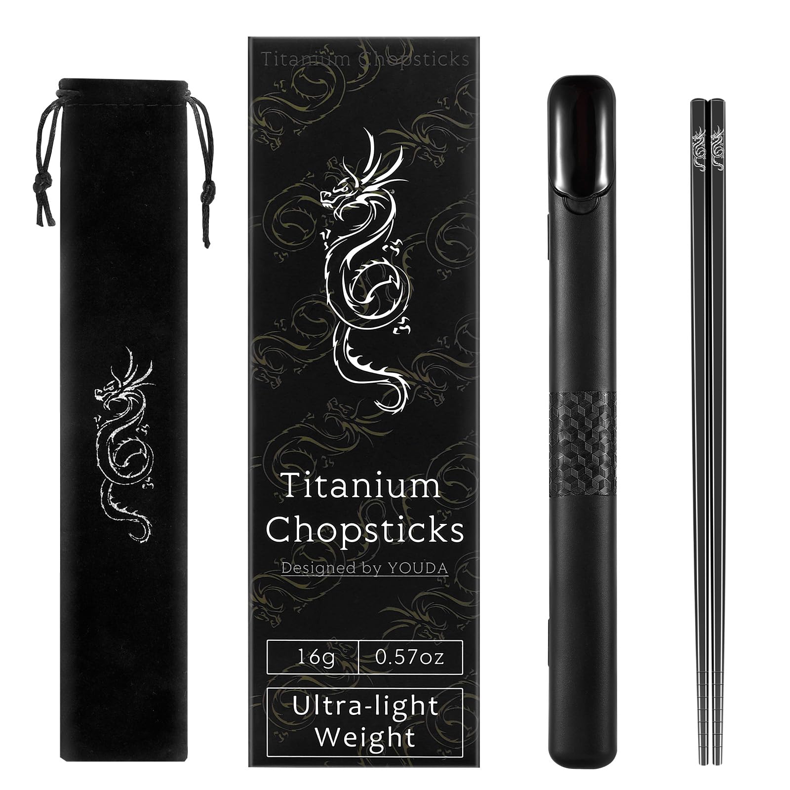Youda Premium 99.8% Titan Essstäbchen (1 Paar) – Ultraleicht & Spülmaschinenfest – Mit Loong-Lasergravur, Reiseetui & Geschenkbox – Ideal für Camping, Reisen und Picknick