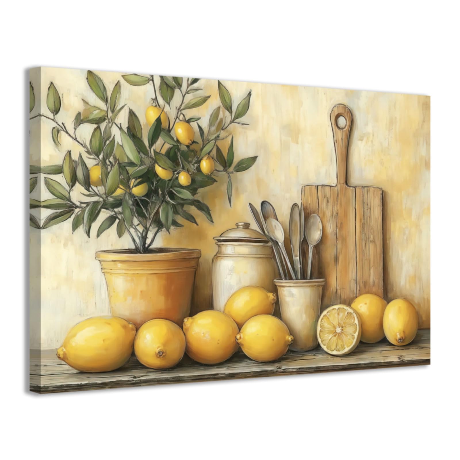 CCWACPP Lemon Painting Wall Art Vintage Kitchen Wall Decor Canvas Citrus Fruit Pictures Prints Kitchen Artwork Yellow Farmhouse Dining Pantry Decor Framed (60.00 x 90.00 cms)