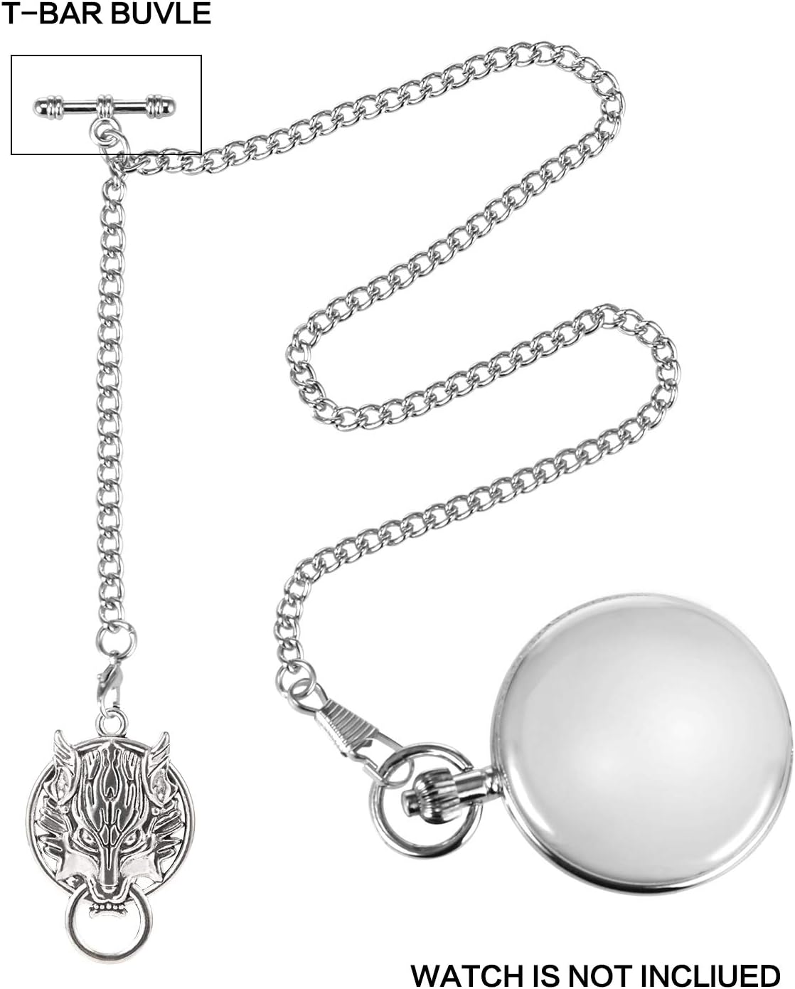 TREEWETO Men's Albert Chain Pocket Watch Curb Link Key Chain 2 Hooks with Antique Wolf Pendant Design Charm Fob T Bar