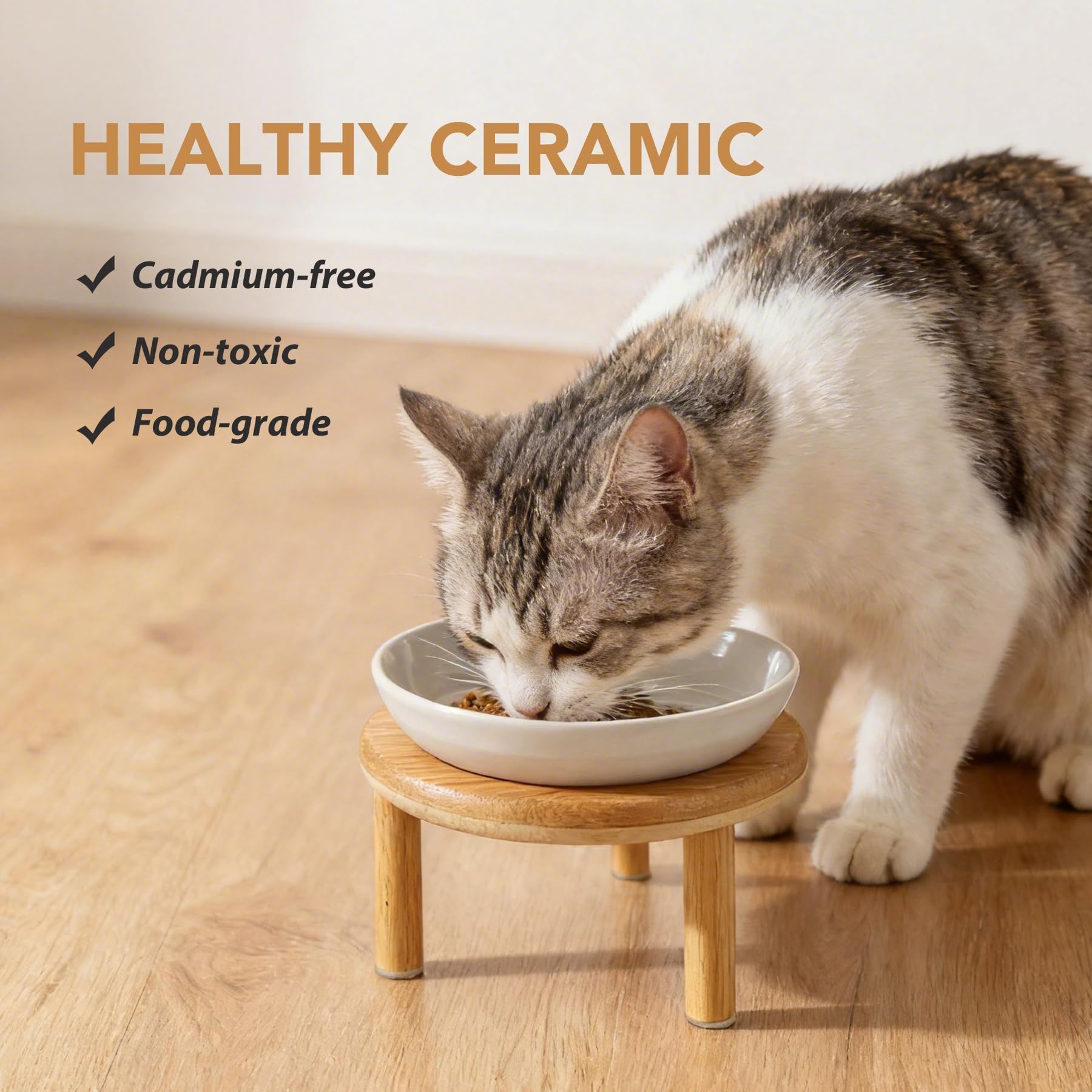 Havniva Lot de 2 gamelles surélevées en céramique pour Chat, Large et antidérapante, avec 2 Supports réglables en Hauteur, pour Animaux domestiques (2 Plats + 2 Supports, Blanc)
