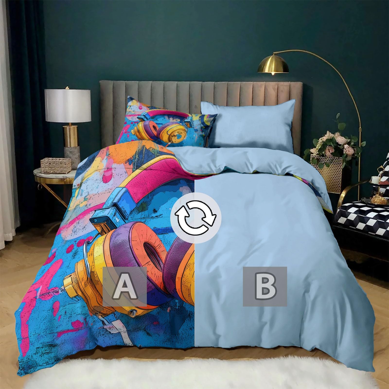 Set di biancheria da letto king size con cerniera nascosta, per ragazzi e ragazzi, motivo: cuffie e cuffie con musica hip-hop, blu, in morbida microfibra, con cerniera nascosta, 230 x 220 cm + 2