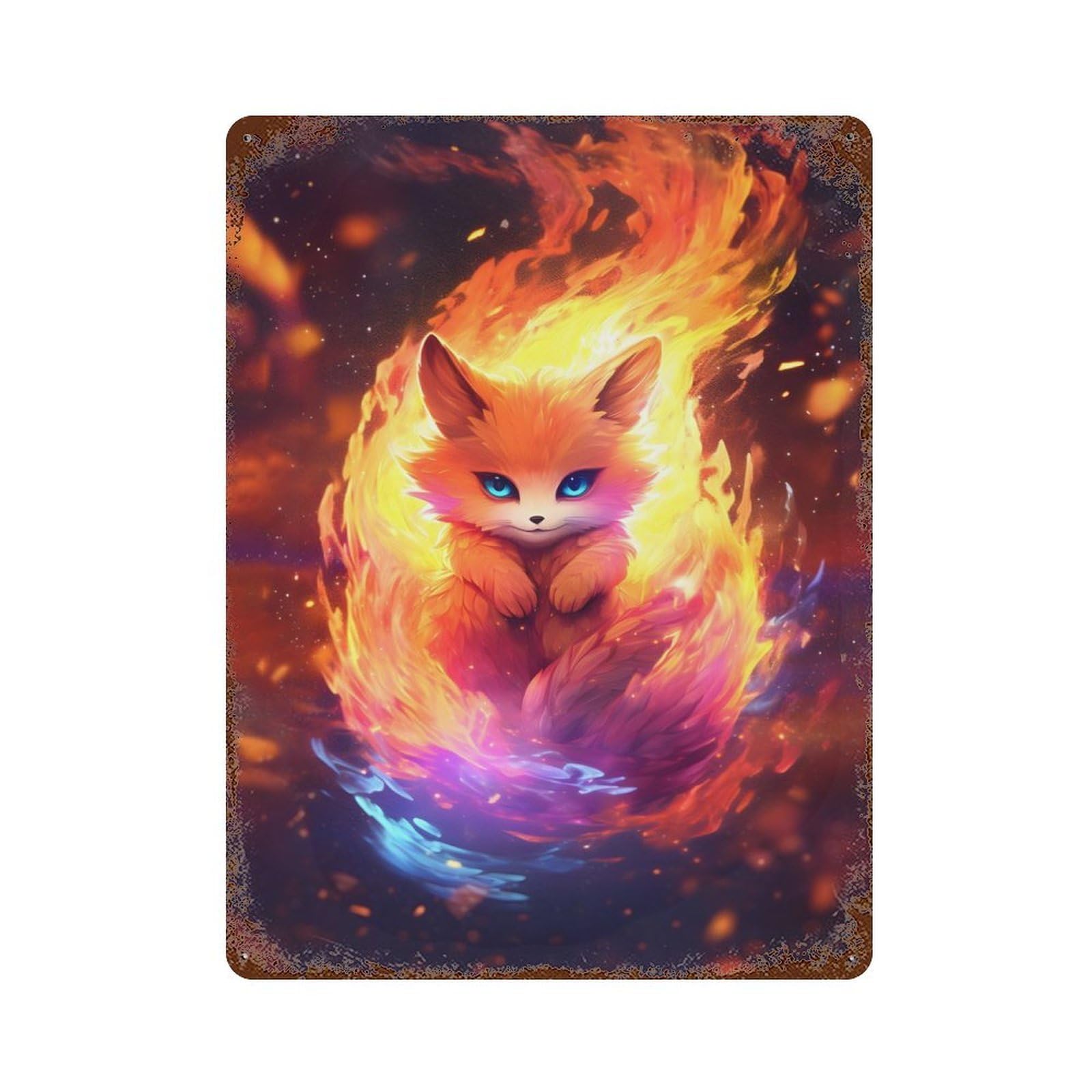 Rust Effect Baby Kurama Nine Tail Fox Decorative Tin Sign 15.7"x11.8", Farmhouse Wall Decor for Patio, Garden Room And Bar Decor