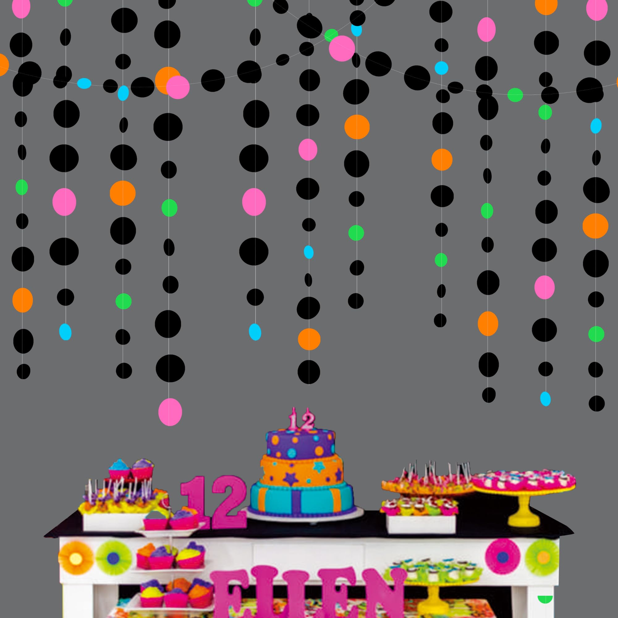 Black and Colorful Circle Dots Hanging Paper Streamer Black Multi-Color Polka Dot Banner for Birthday Bachelorette Wedding Shower Fiesta Disco Halloween Party Decorations Supplies