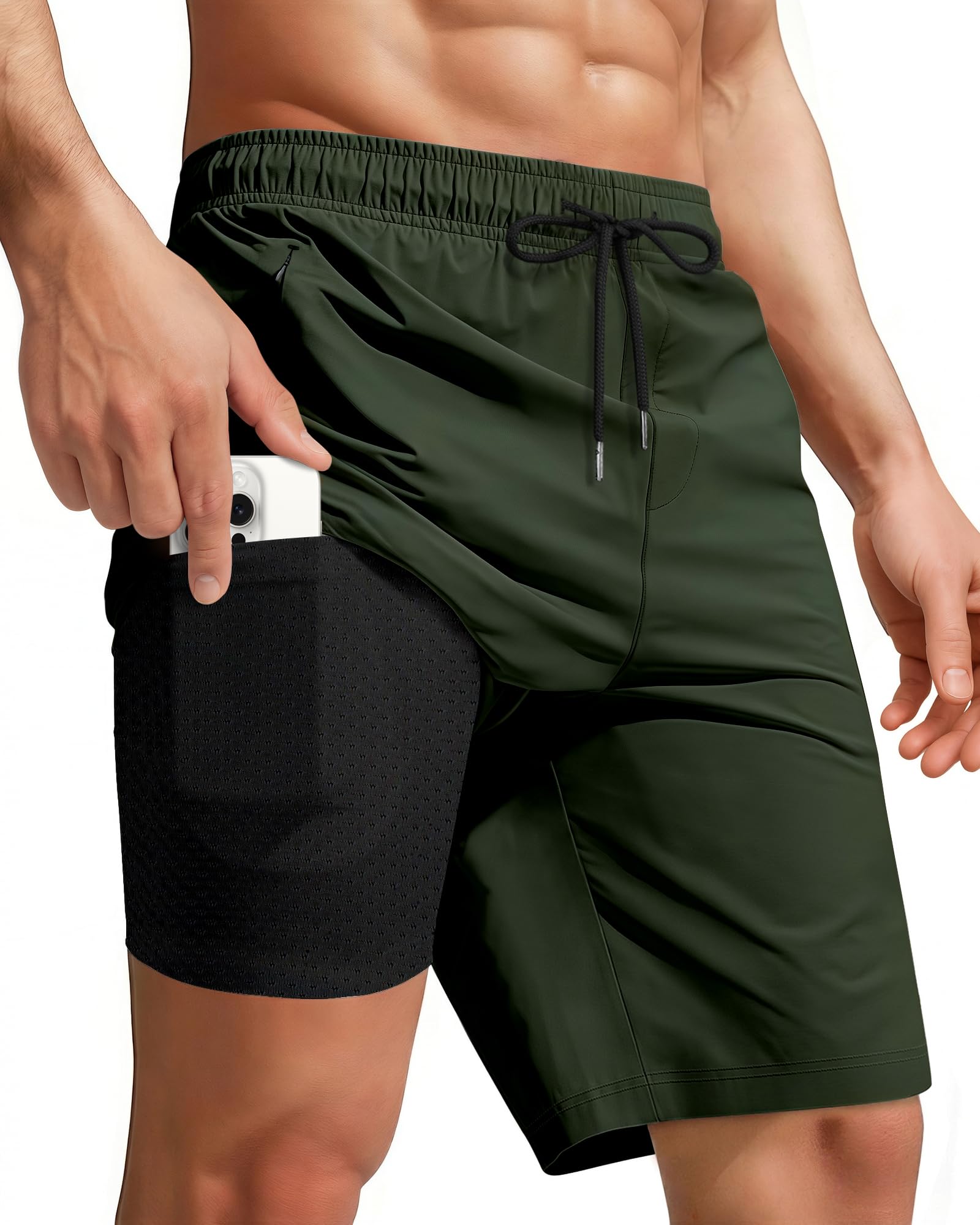 9 Inch 9in Men Swim Trunks Compression Liner Quick Dry Drawstring Male Swimwear Swimsuit Swimtrunks Boardshorts Bathing Suit Fair Beach Water Shorts Zipper Mesh Pocket Lined Inseam Harbor no Mesh