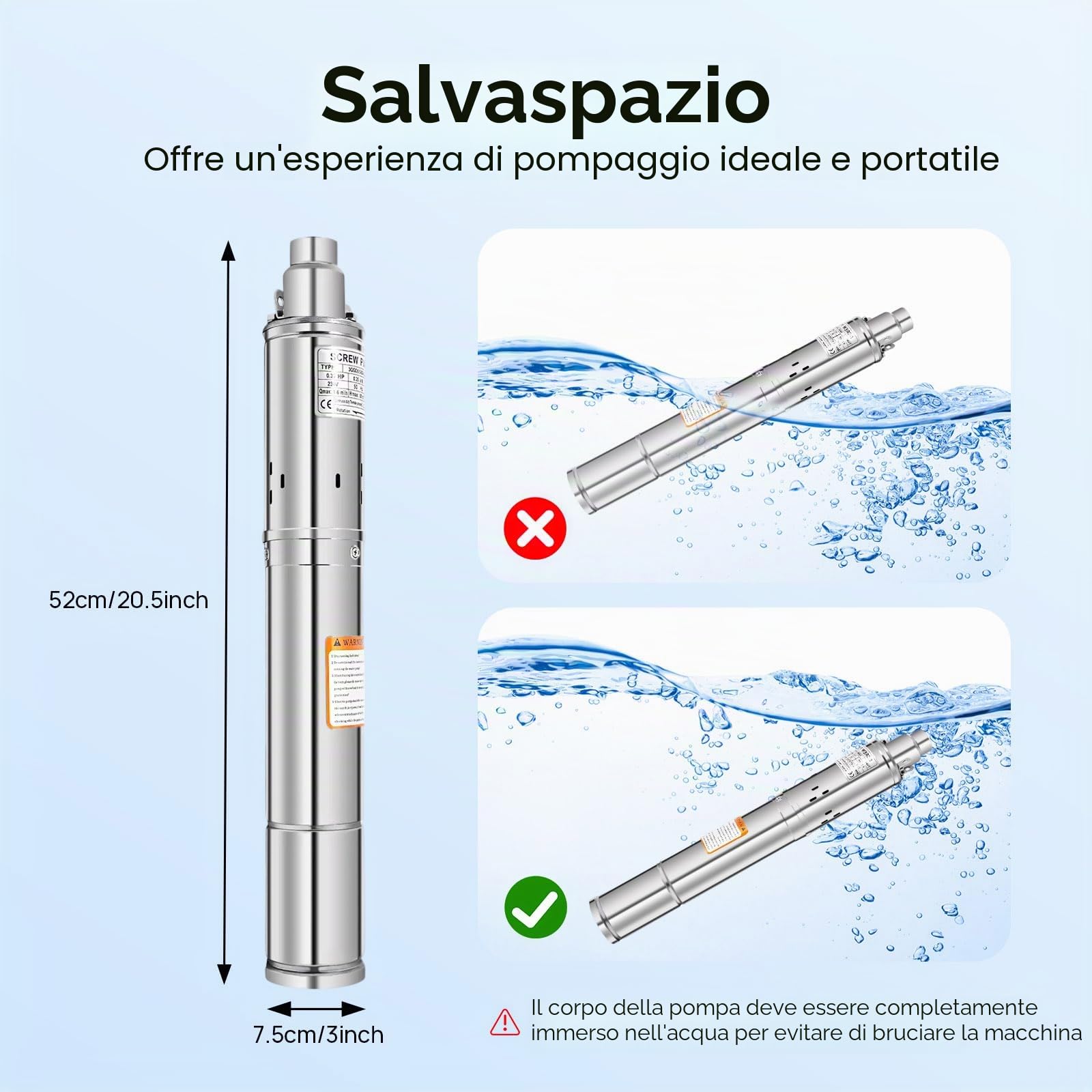 Pompa per pozzi profondi 3", 250 W, 220-240 V, in acciaio inox, cavo 20 m, mandata 80 m, portata 1600 l/h, IP68, per irrigazione, agricoltura, camper