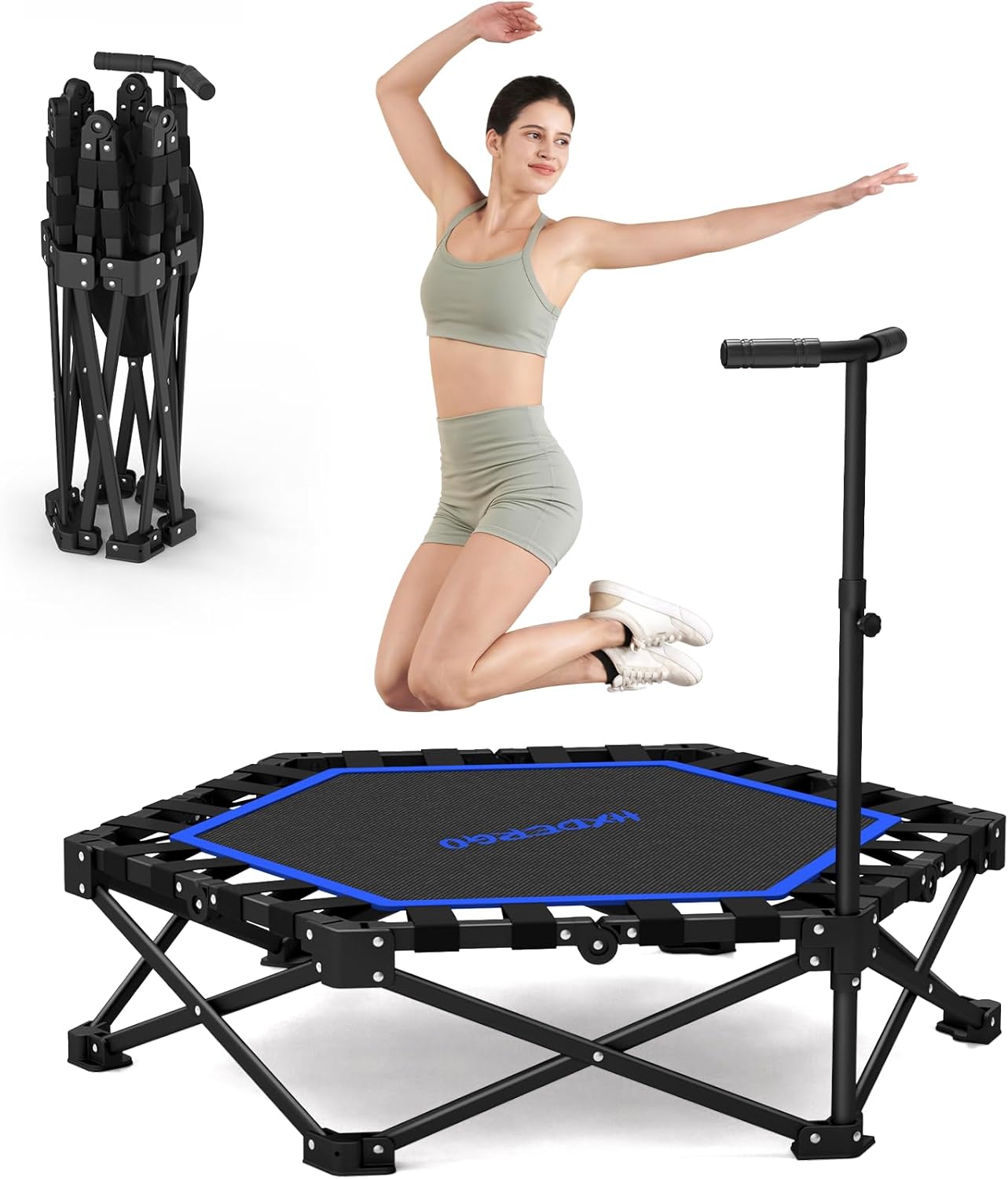 HXD-ERGO 42'' Foldable Mini Trampoline, Rebounder Trampoline with Adjustable Foam Handle, Fitness Trampoline for Indoor, Outdoor, Home Gym, Max Load 460lbs Blue