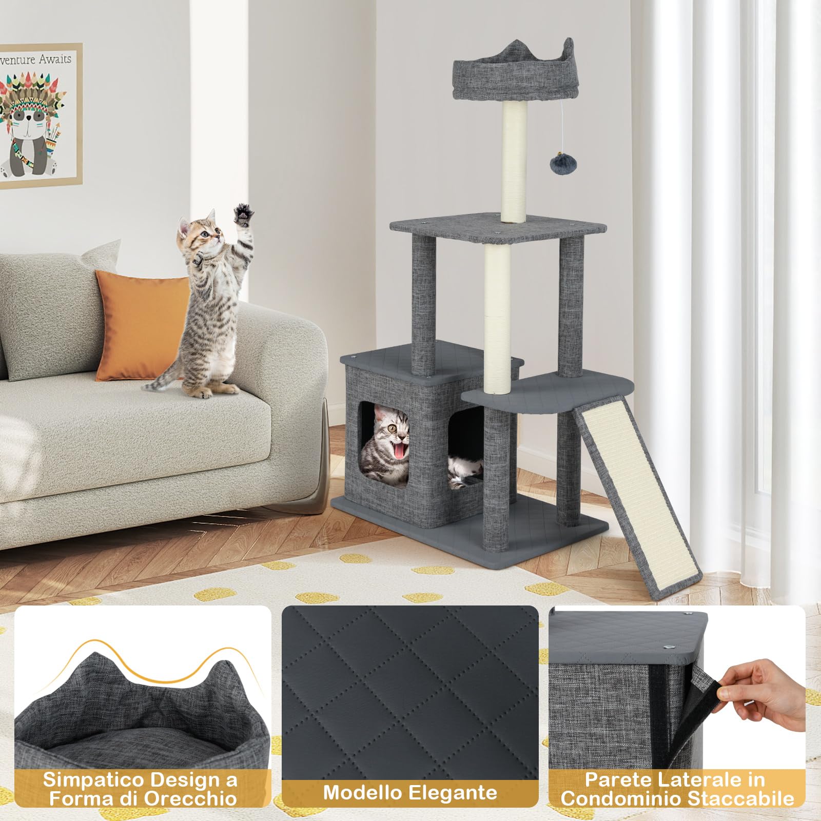 COSTWAY Tiragraffi per Gatto Alto 117 cm, Albero Tiragraffi Gatto con 5 Piattaforme, 2 Pali Sisal e Pallina Pompon, Torre Tiragraffi per Gatti con Grotta e Trespolo, Grigio