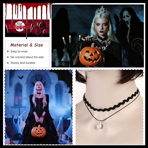 Miniatura 3 de Juego de 4 gargantillas góticas, gargantilla negra, collar de perlas con lazo vintage, collar de cuero punk, joyería gótica