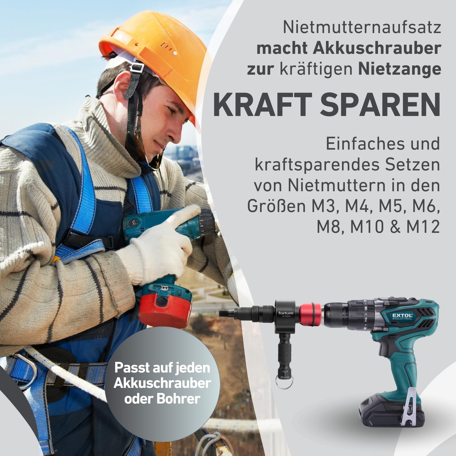 Nietmmutternaufsatz für Akkuschrauber & Bohrmaschine I Nietgerät für Nietmuttern aus Alu, Stahl & Edelstahl I Blindnietvorsatz für M3-M12 Muttern I Nietpistole Adapter