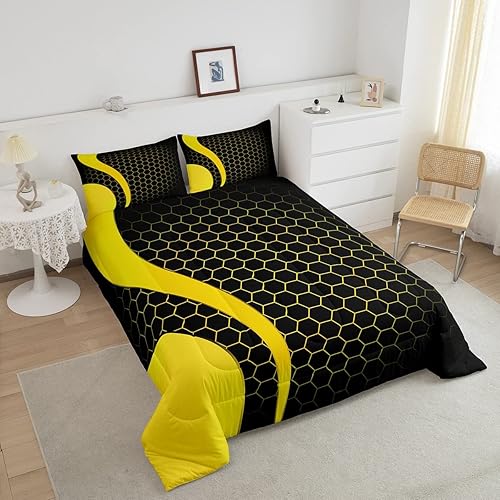 Miniatura 3 de Juego de ropa de cama geométrica de panal para niños, niñas, adolescentes, hexagonal, geométrico, amarillo, negro, transpirable, colmena de colmena